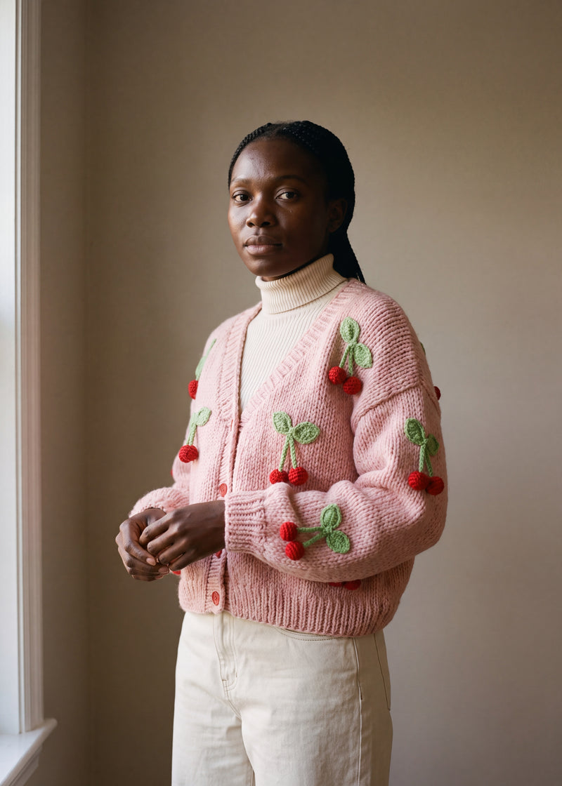Cherry Pink Knitted Cardigan - soft pink chunky hand-knitted wool cardigan with crocheted motifs, worn open over a plain top by Ana Chic