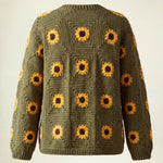 Back of a khaki green crochet cardigan with all-over sunflower granny squares - handmade by Ana Chic