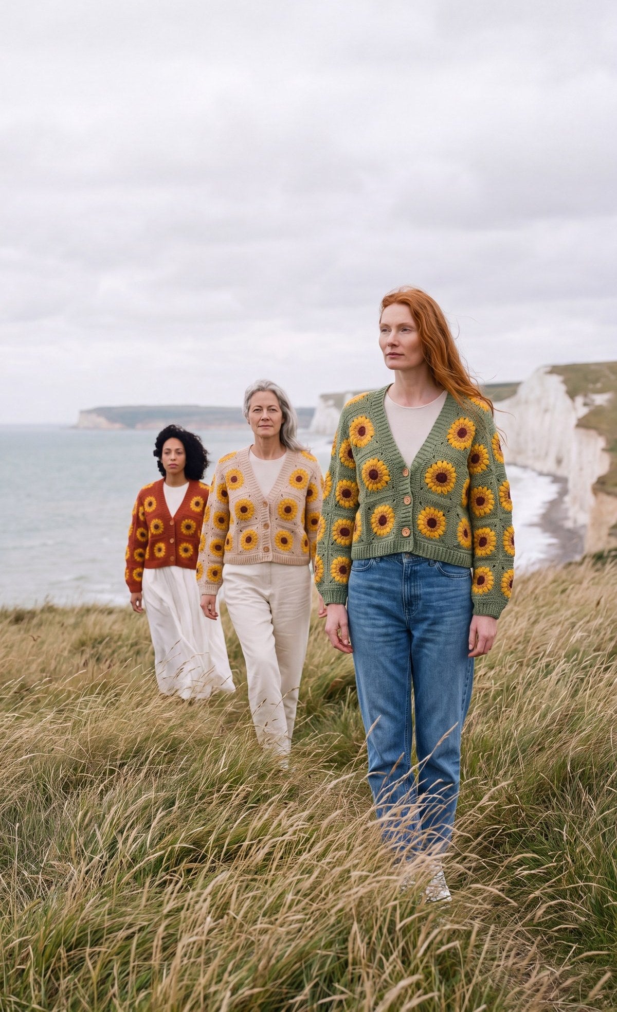 Three women in sunflower granny-square crochet cardigans on the East Sussex chalk cliffs