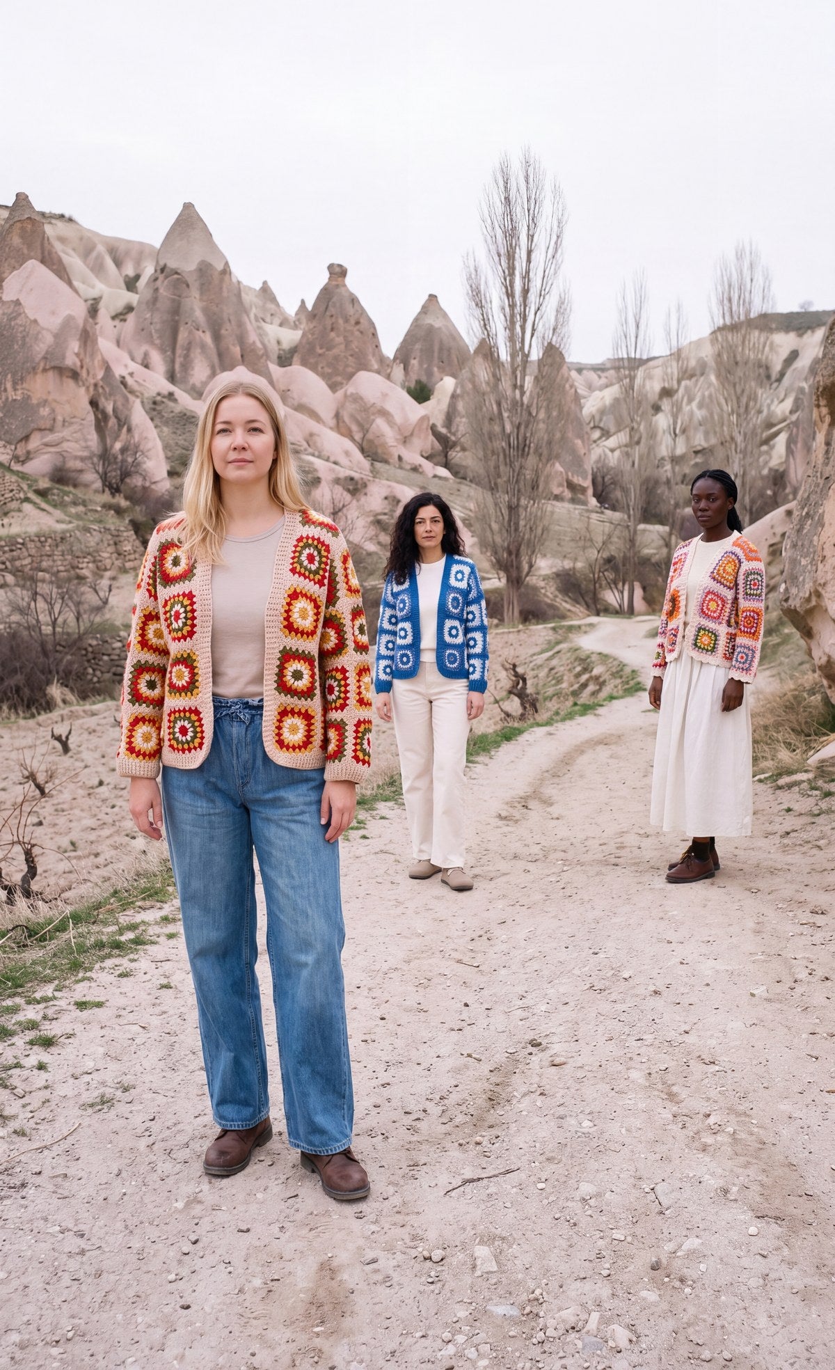 Three women in granny-square crochet cardigans on a path through a Cappadocian valley in Anatolia