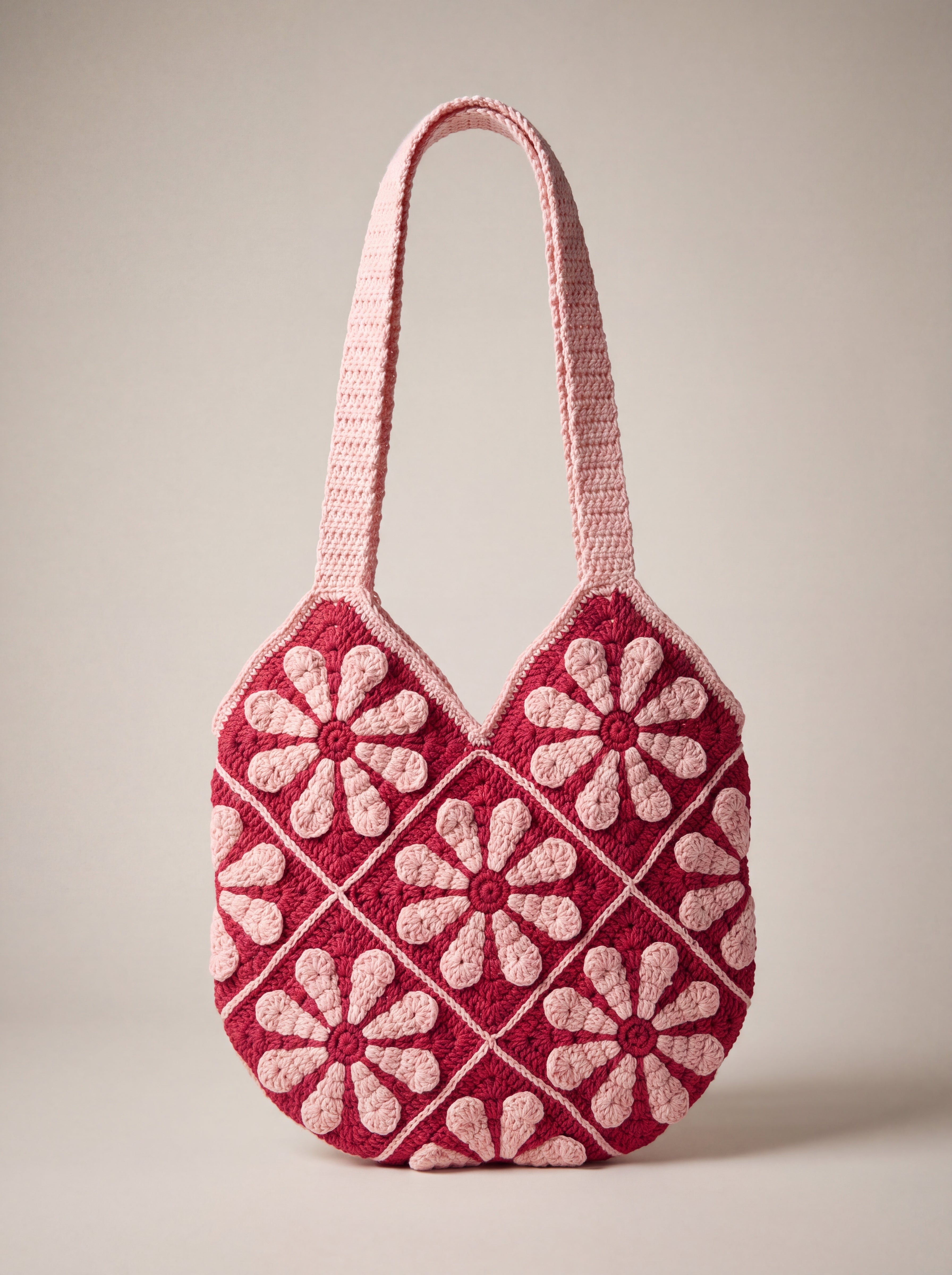 Front of the pink crochet shoulder bag with pale pink daisy granny squares on raspberry red and two wide straps — handmade by Ana Chic