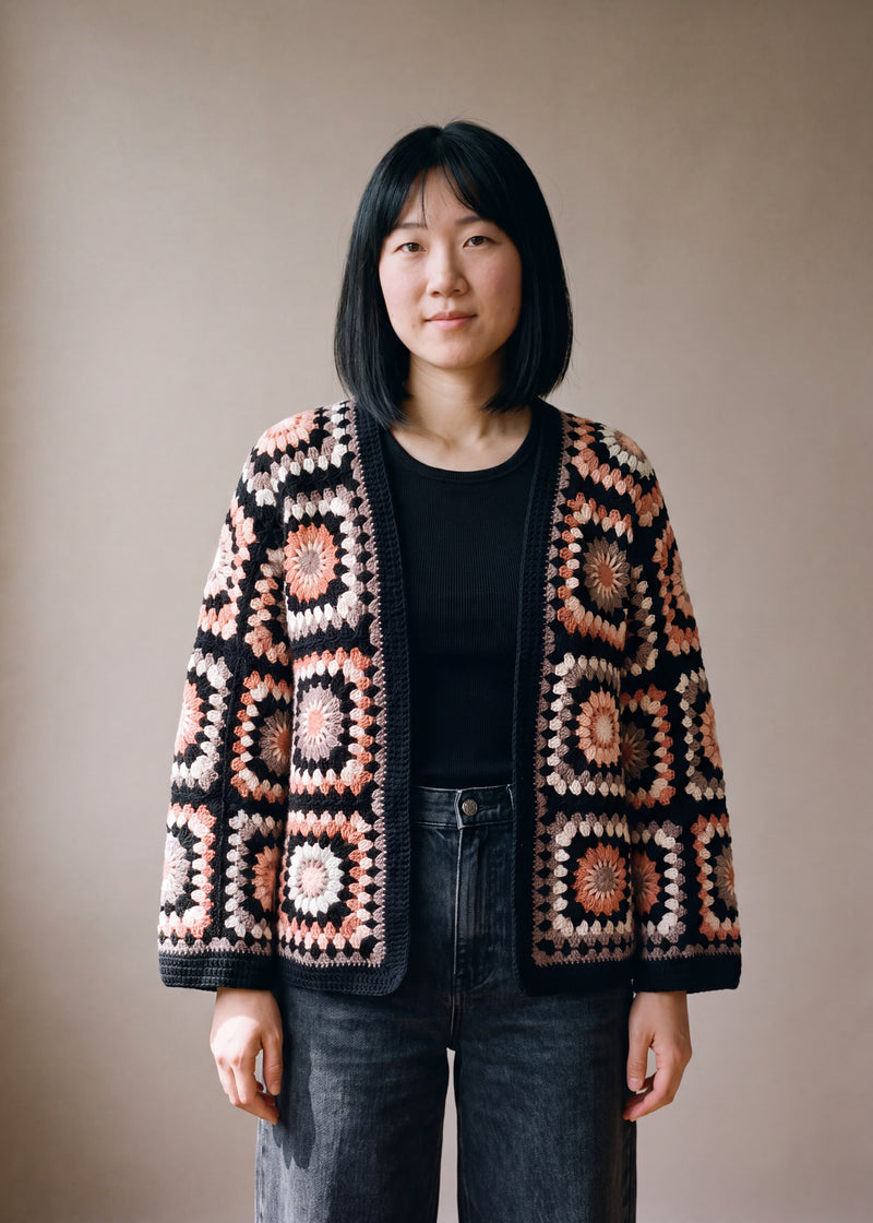 Boho Mosaic Black - black handmade crochet granny square cardigan worn open over a plain top by Ana Chic