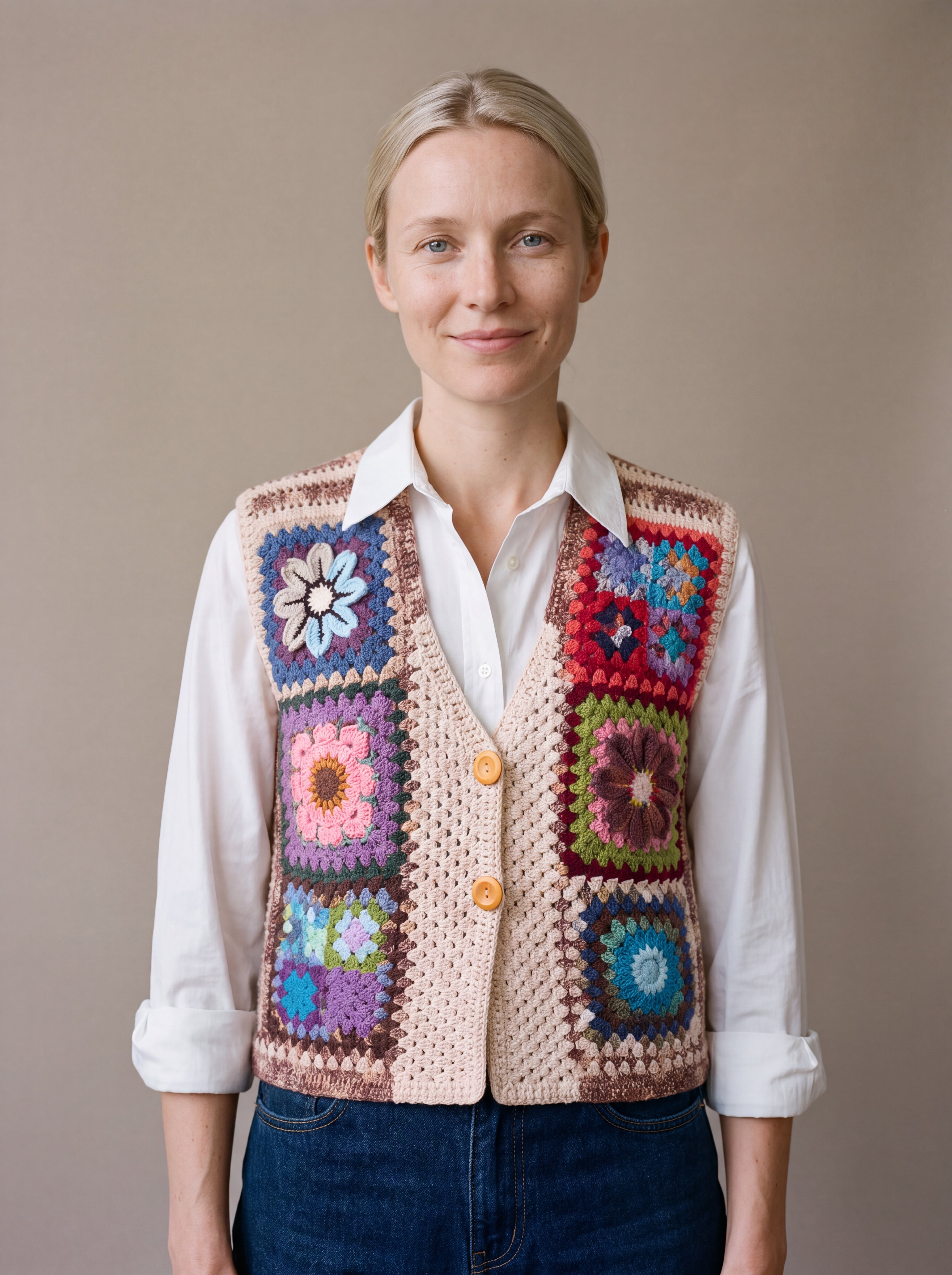 Woman wearing the Bouquet Button Vest, a handmade granny square crochet vest, over a white shirt and dark jeans
