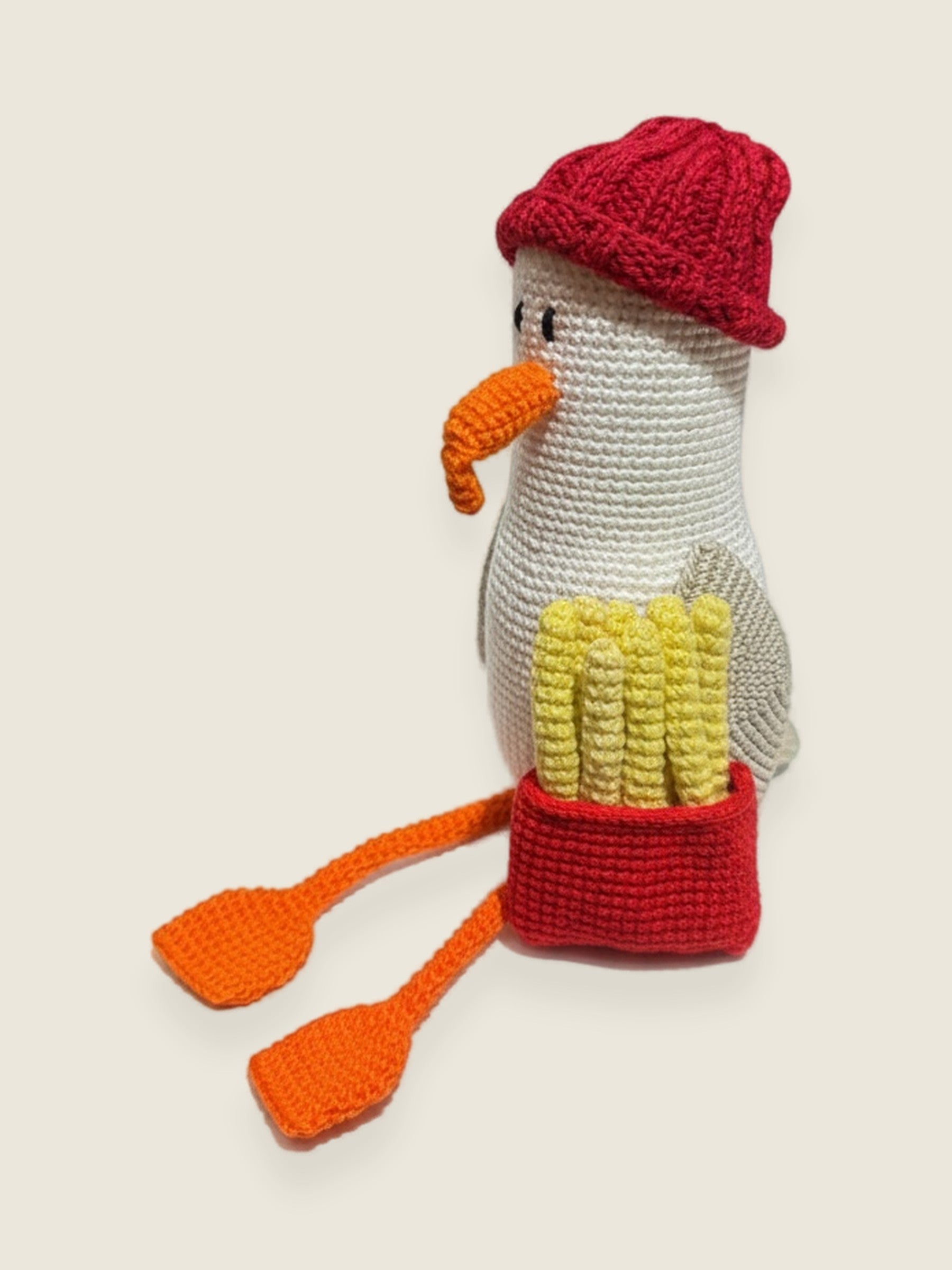 Seagull & Chips — handmade yarn crochet amigurumi by Ana Chic, styled view