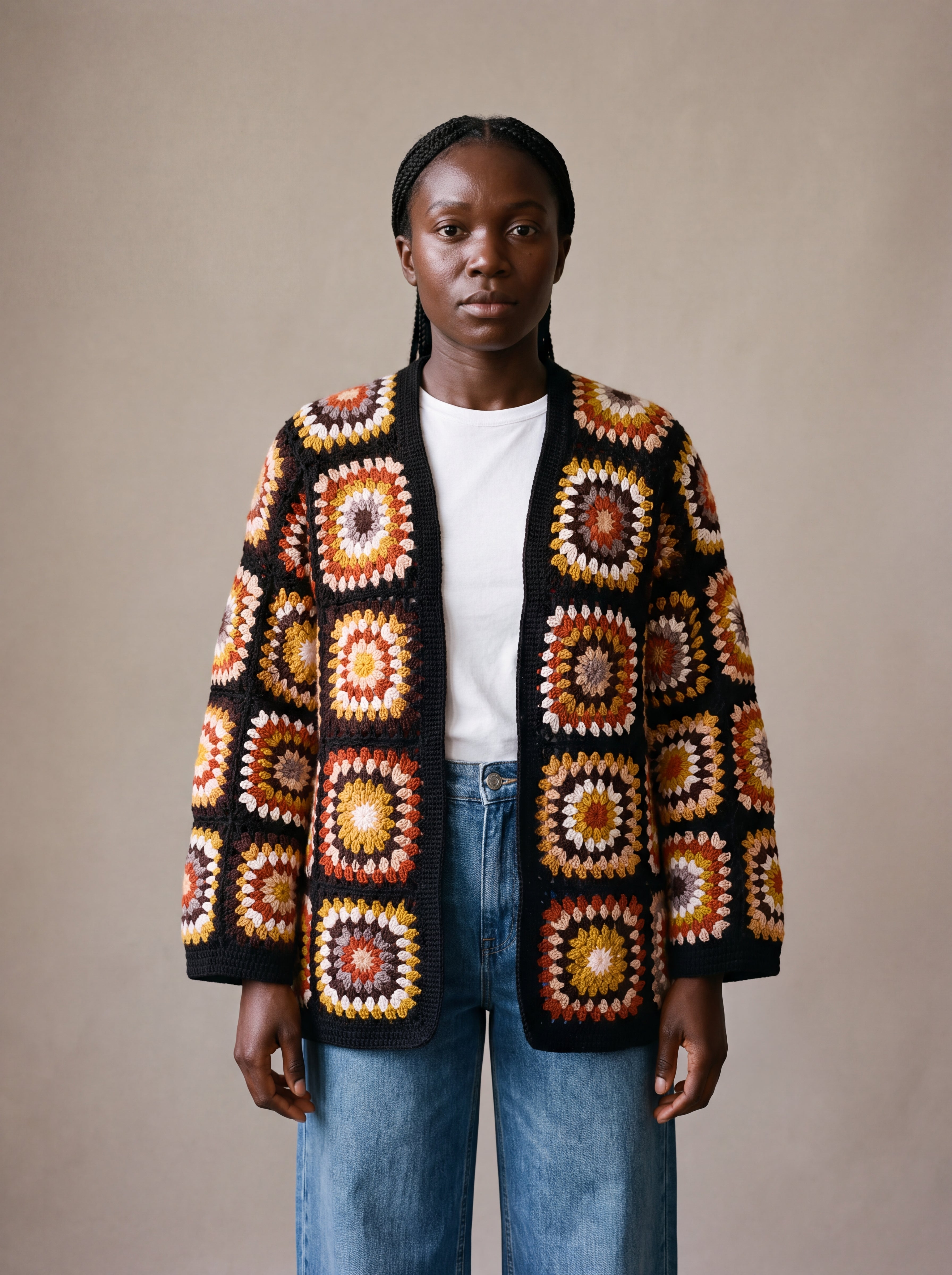 Black Boho Cardi worn by a model, open granny-square crochet cardigan in rust, mustard and cream over a white tee