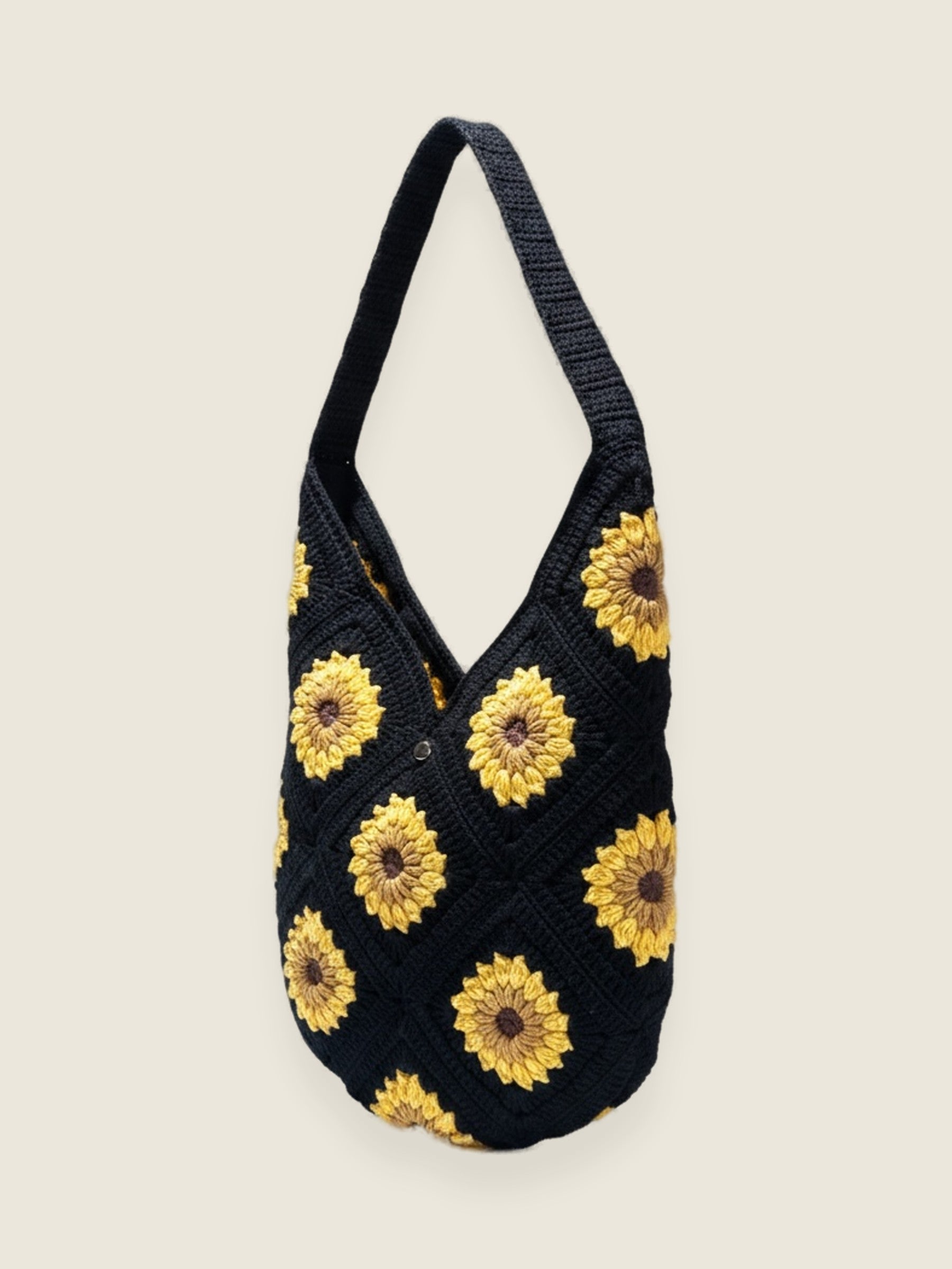 Black Sunflower Bag — handmade organic cotton crochet bag by Ana Chic, styled view