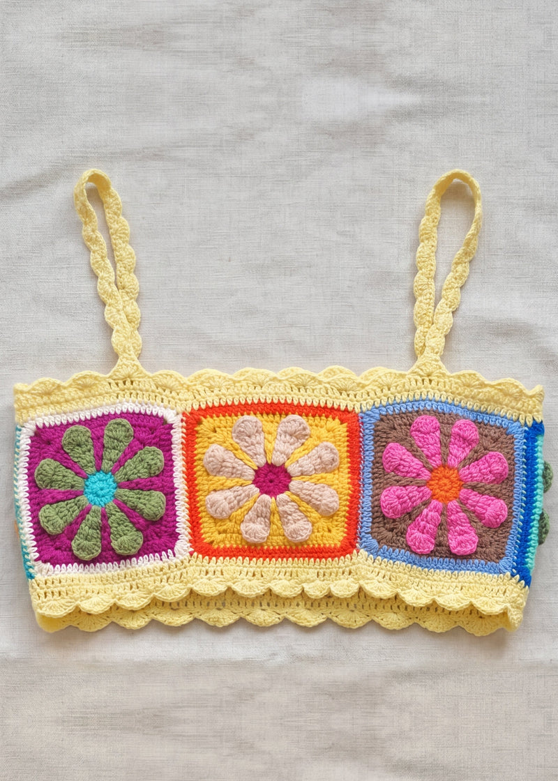 Daisy granny-square crop top with matching mini skirt in multicolour crochet — handmade by Ana Chic
