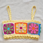 Daisy granny-square crop top with matching mini skirt in multicolour crochet — handmade by Ana Chic
