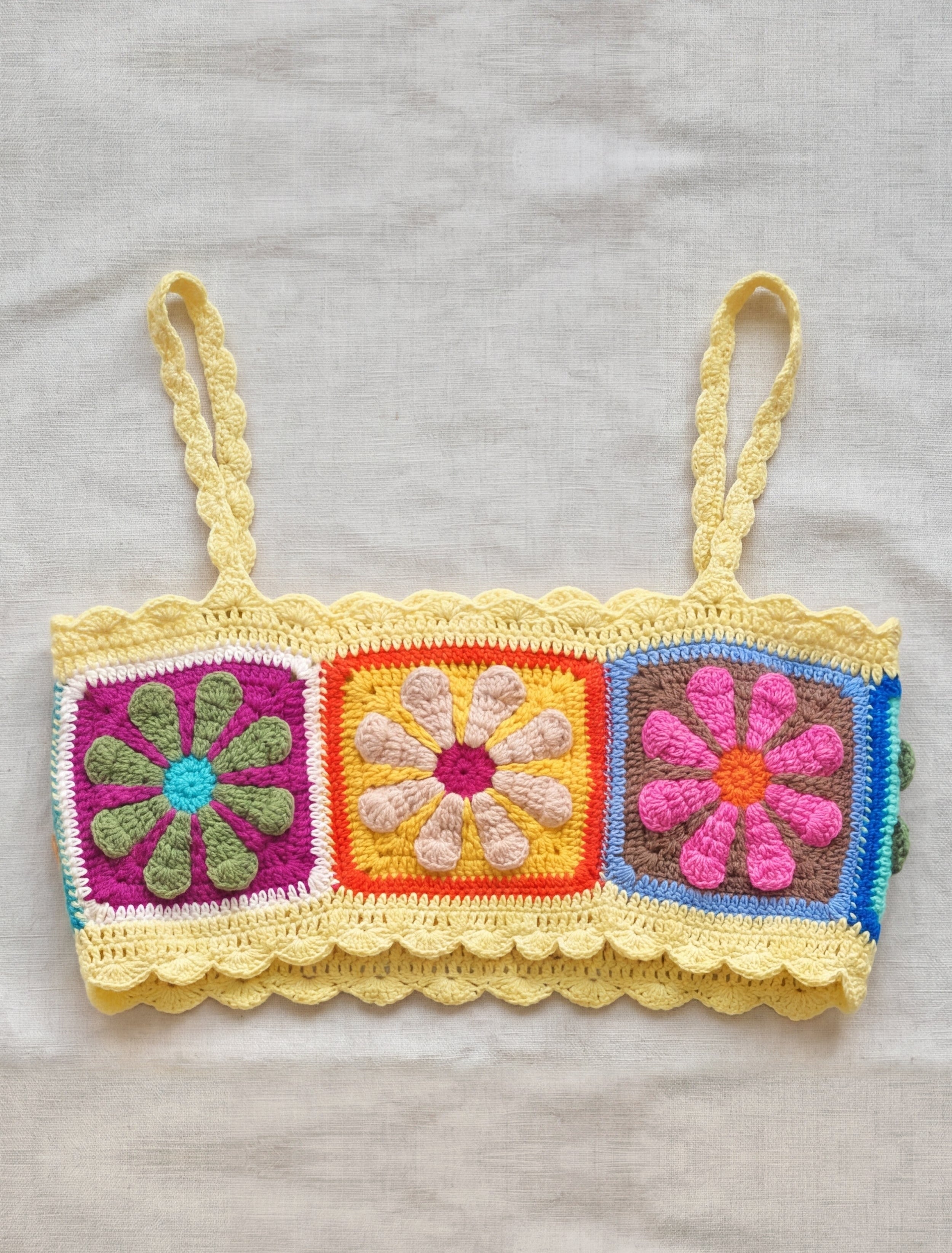 Daisy granny-square crop top with matching mini skirt in multicolour crochet — handmade by Ana Chic