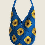 Blue Sunflower Bag — handmade organic cotton crochet bag by Ana Chic, styled view