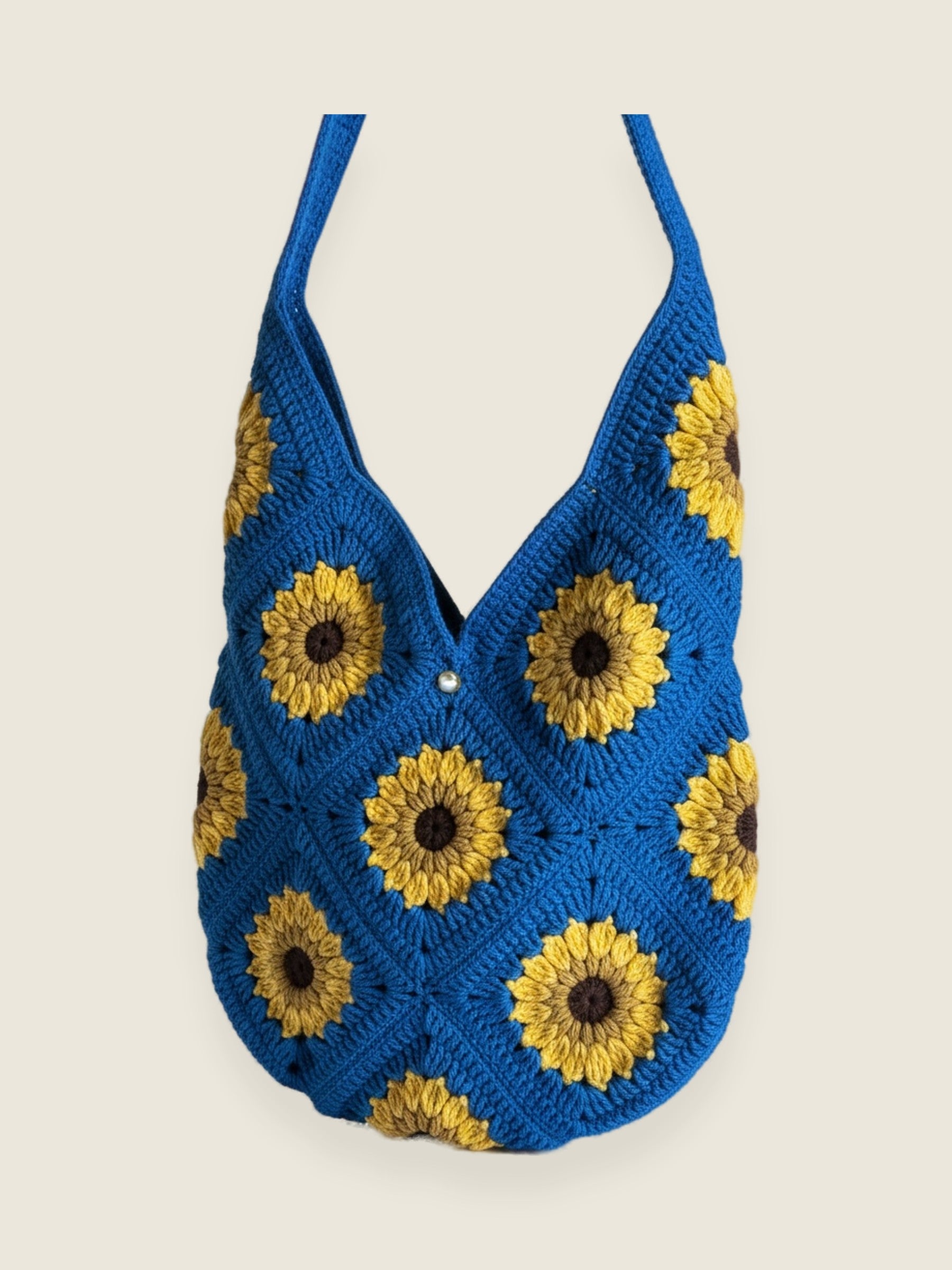 Blue Sunflower Bag — handmade organic cotton crochet bag by Ana Chic, styled view