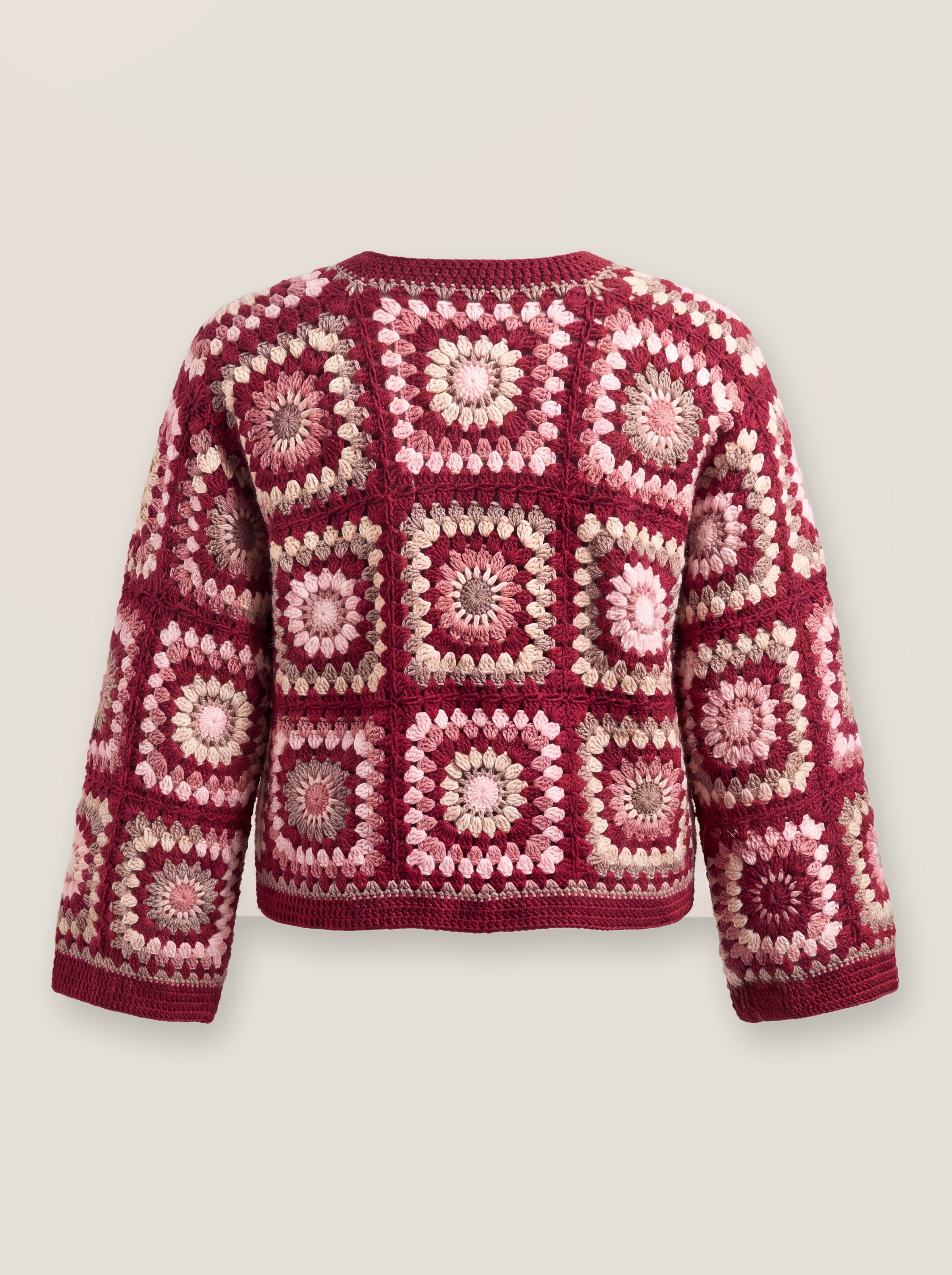 Mosaic Cardigan – Burgundy, back view, handmade crochet