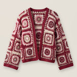 Mosaic Cardigan – Burgundy, front view, handmade crochet
