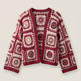 Mosaic Cardigan – Burgundy, front view, handmade crochet