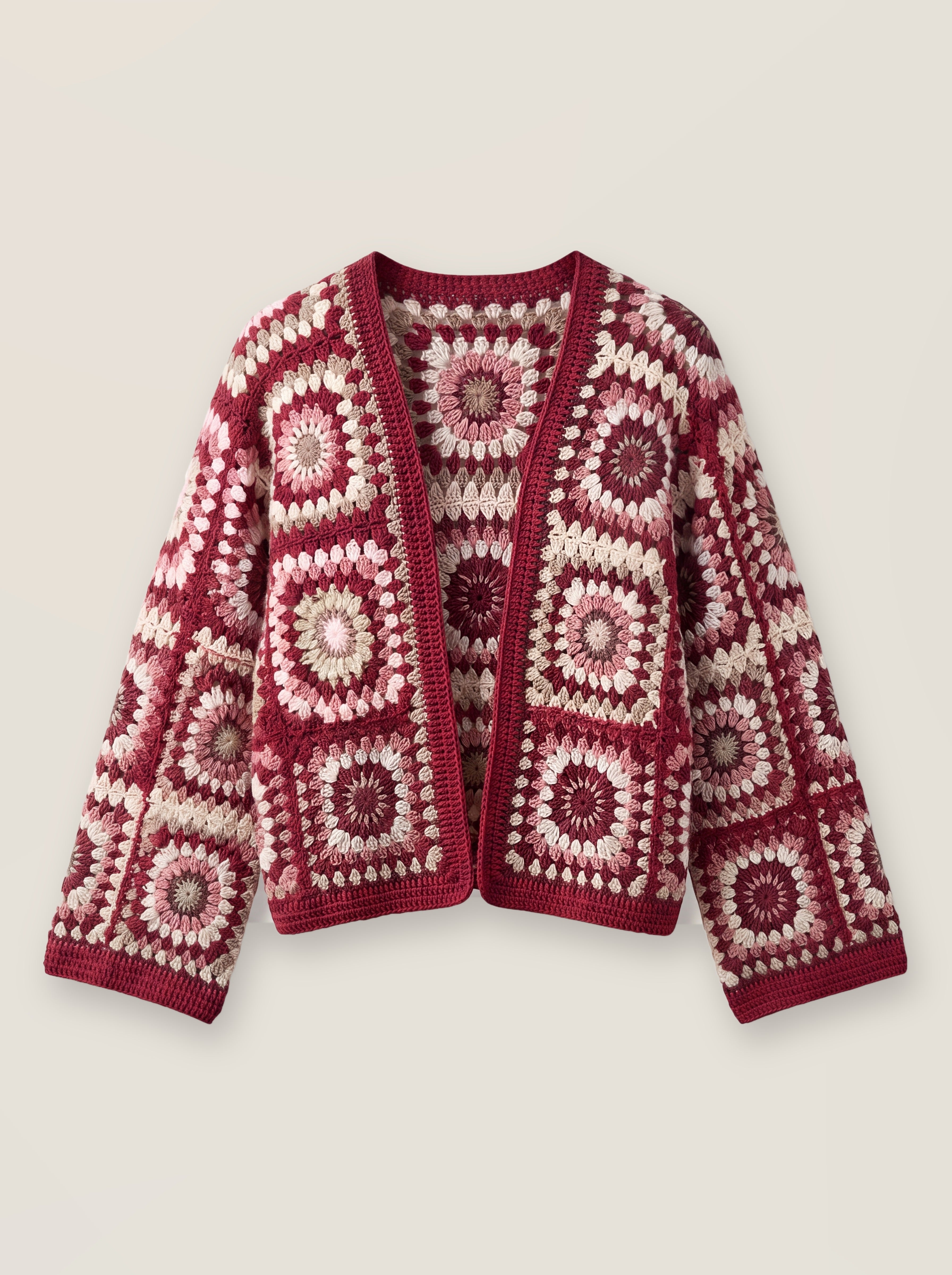 Mosaic Cardigan – Burgundy, front view, handmade crochet
