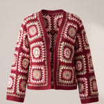 Mosaic Cardigan – Burgundy, front view, handmade crochet