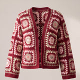 Mosaic Cardigan – Burgundy, front view, handmade crochet