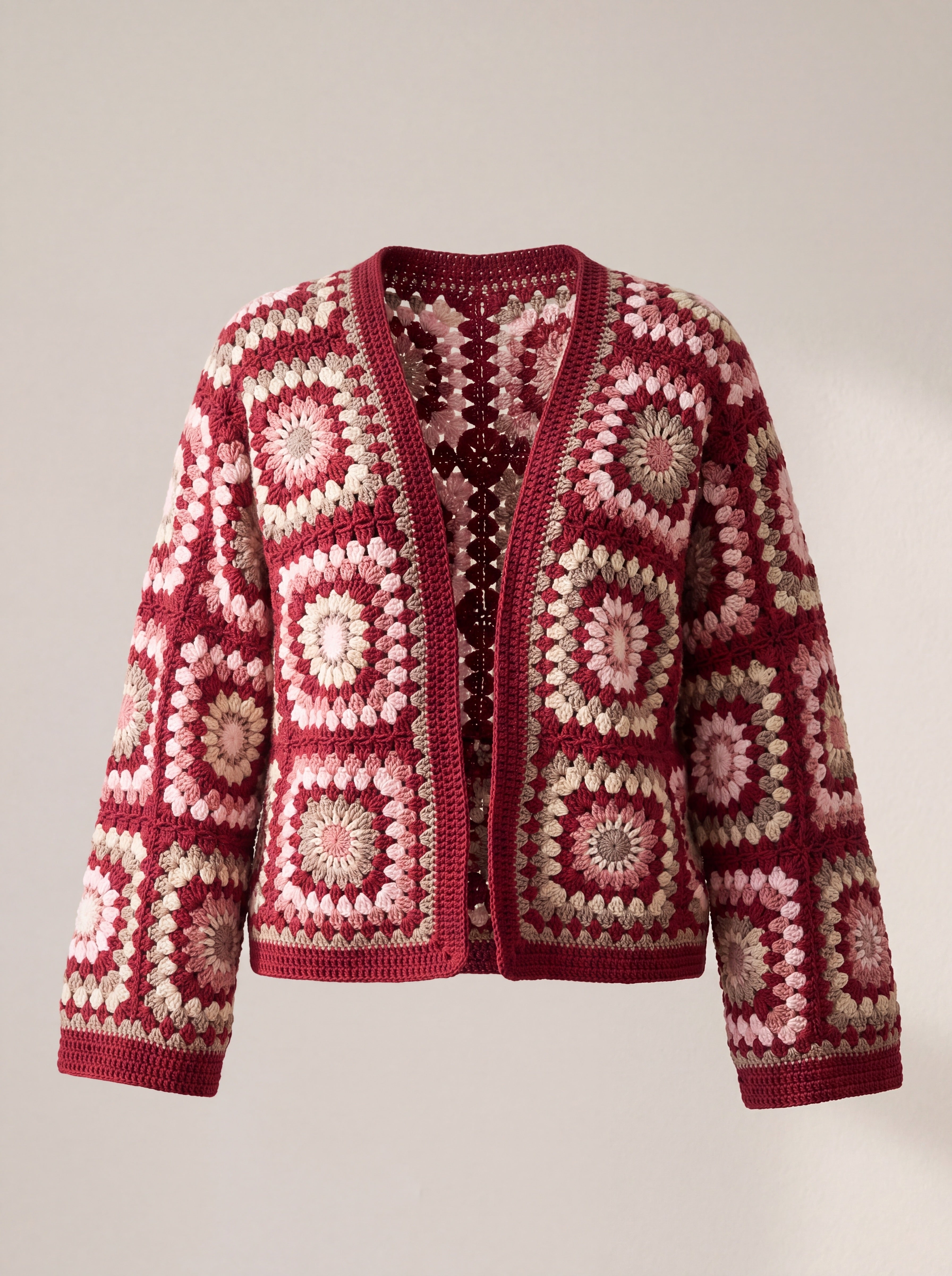 Mosaic Cardigan – Burgundy, front view, handmade crochet