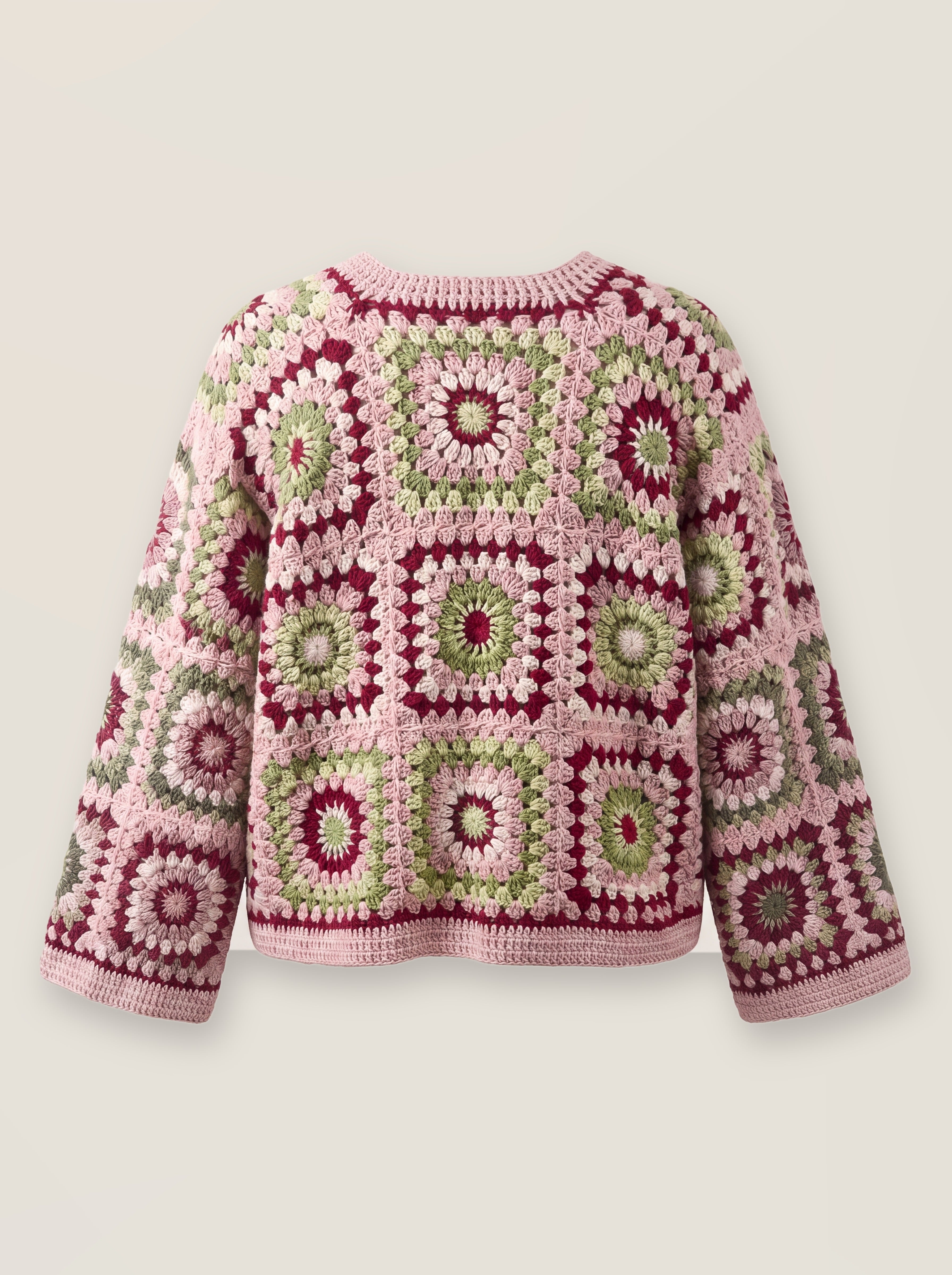 Mosaic Cardigan – Pink, back view, handmade crochet