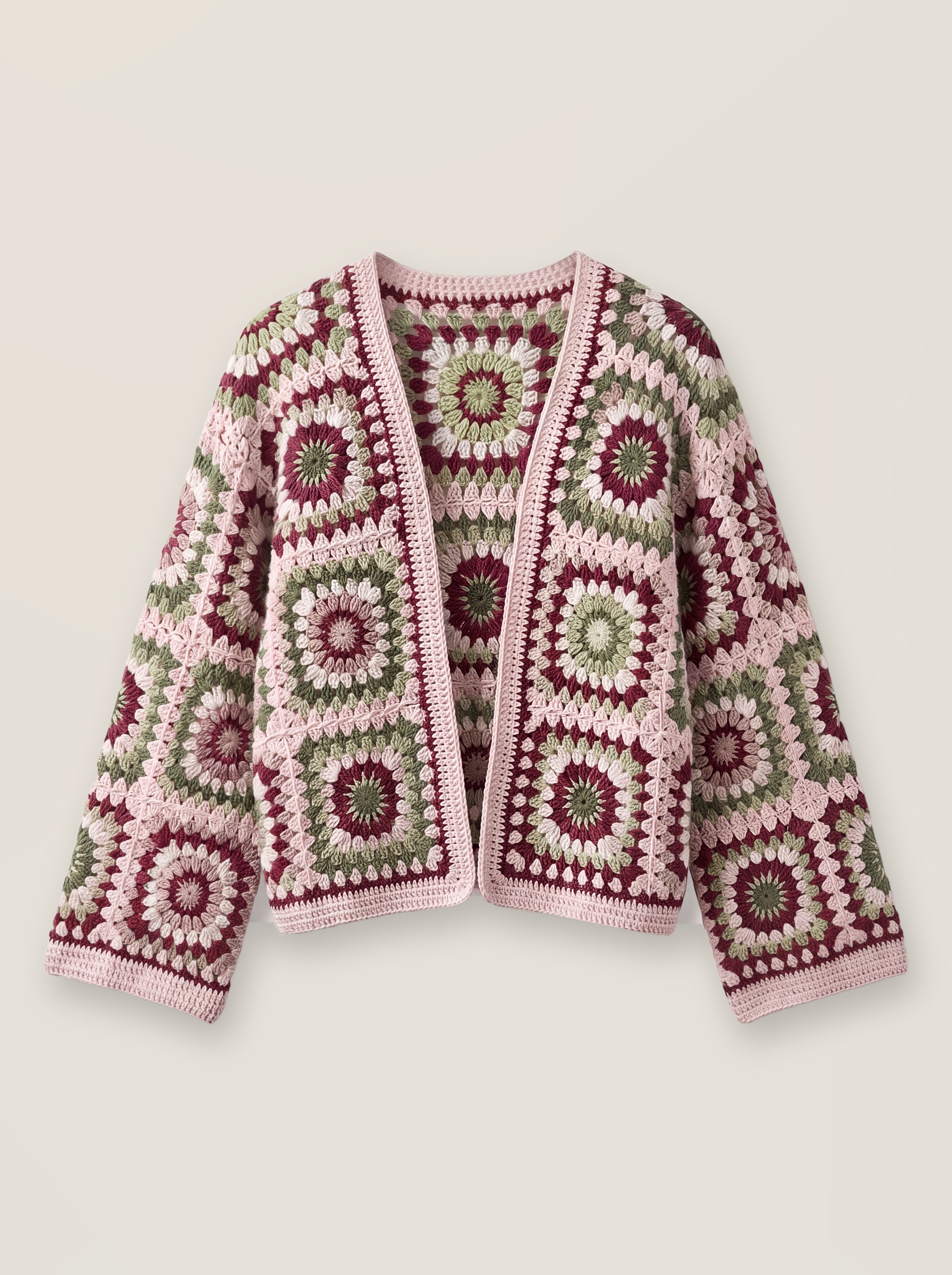 Mosaic Cardigan – Pink, front view, handmade crochet