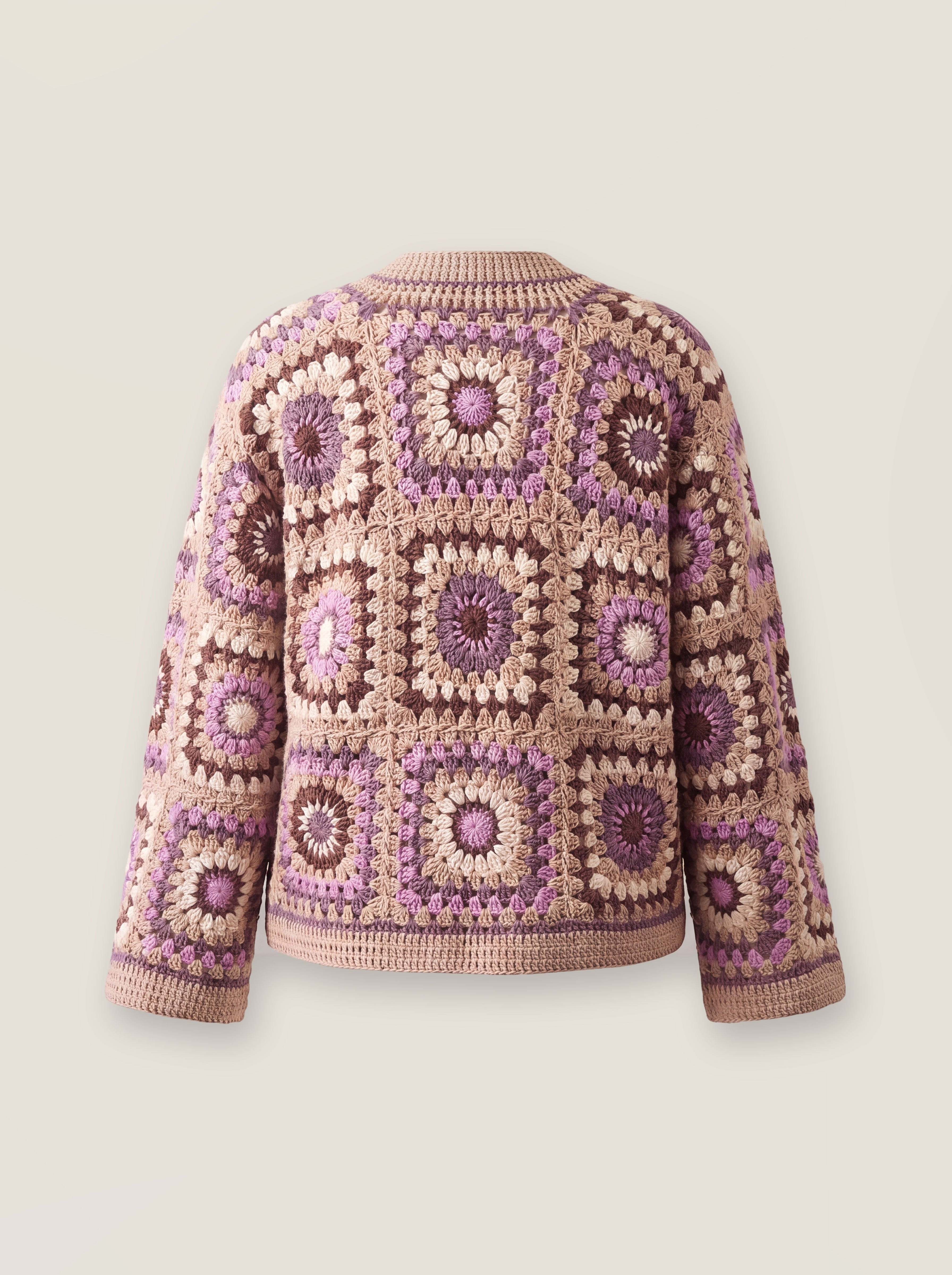 Mosaic Cardigan – Tan, back view, handmade crochet