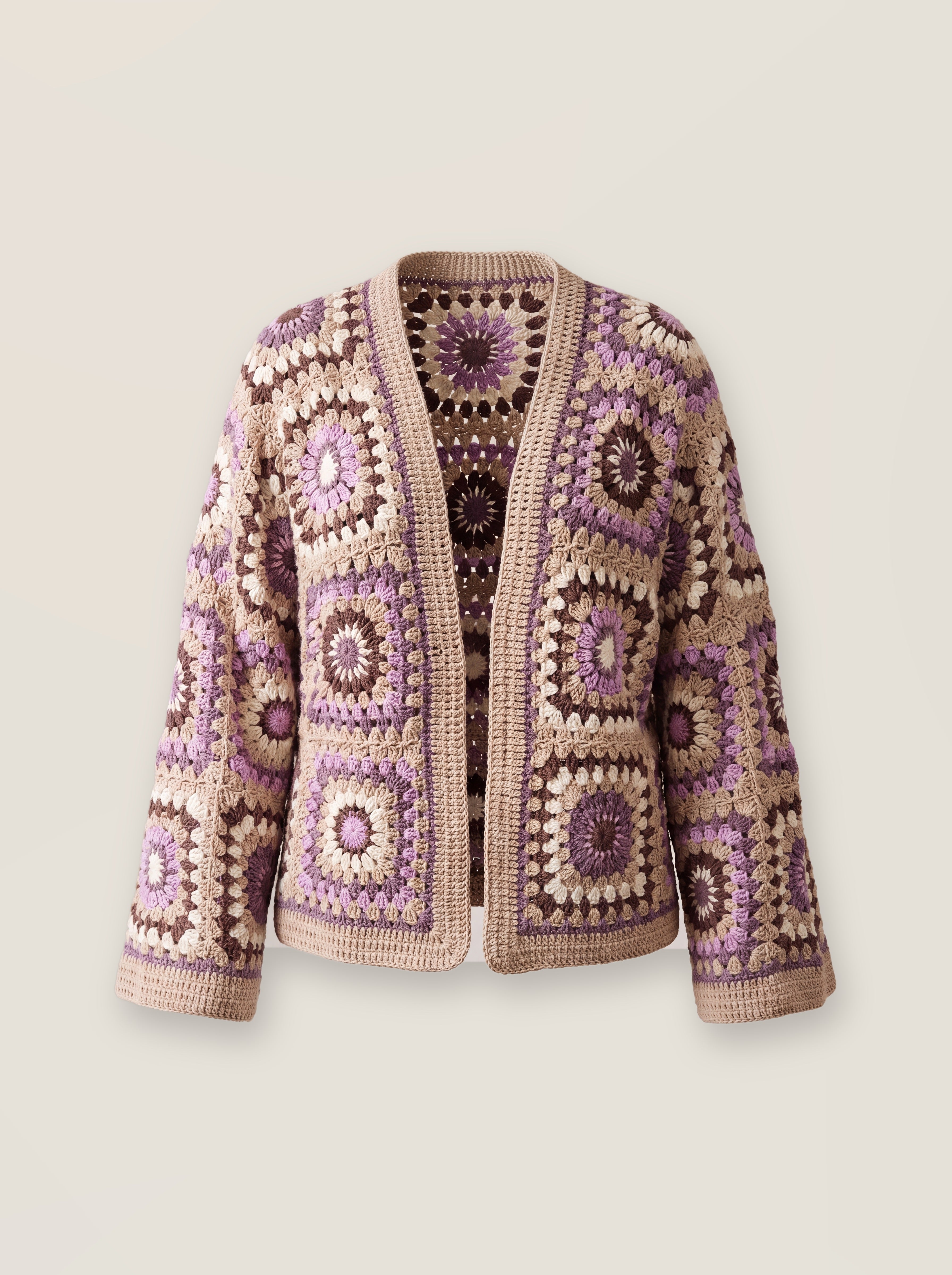 Mosaic Cardigan – Tan, front view, handmade crochet