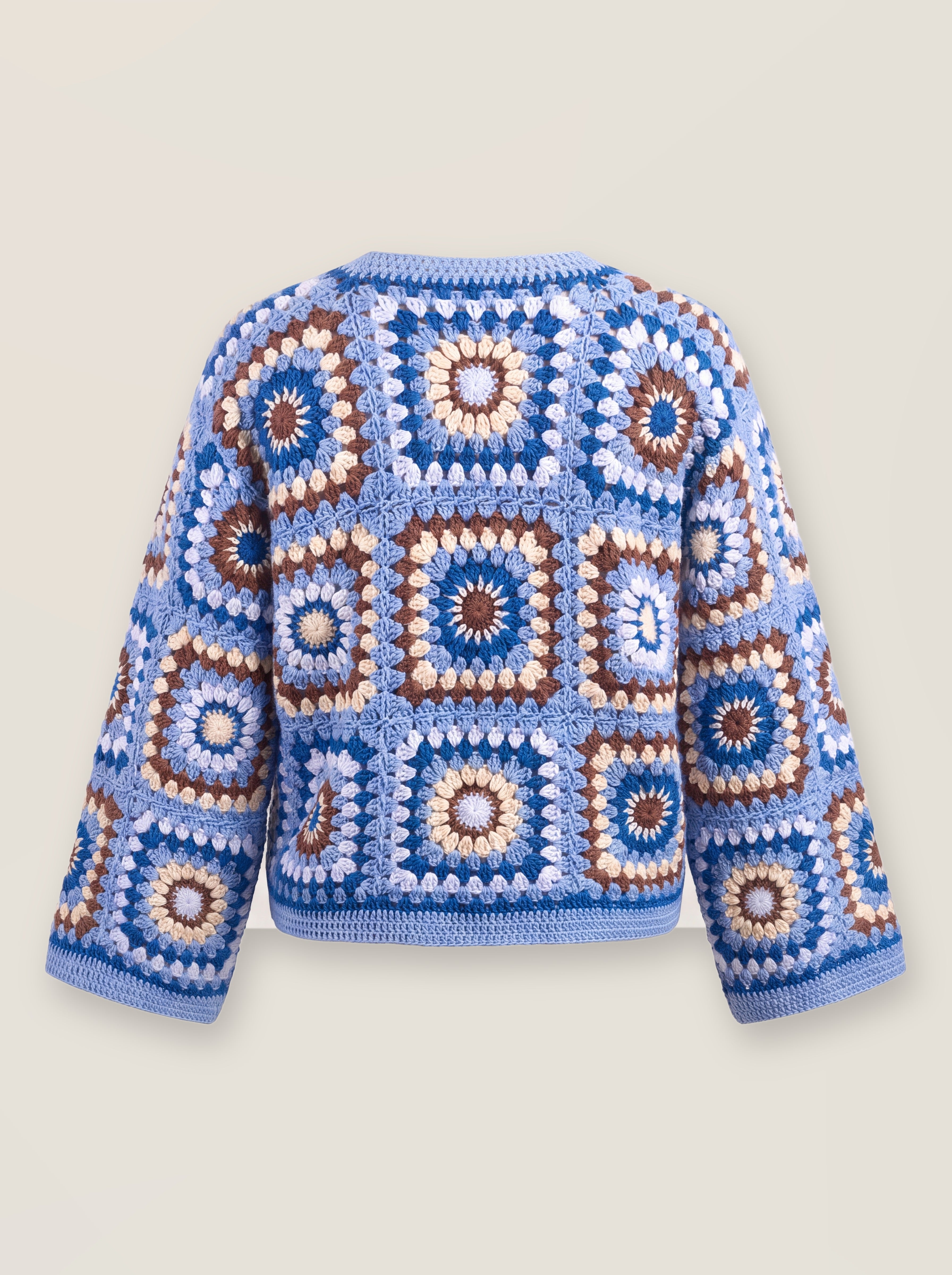 Mosaic Cardigan – Blue, back view, handmade crochet