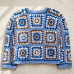 Mosaic Cardigan – Blue, back view, handmade crochet