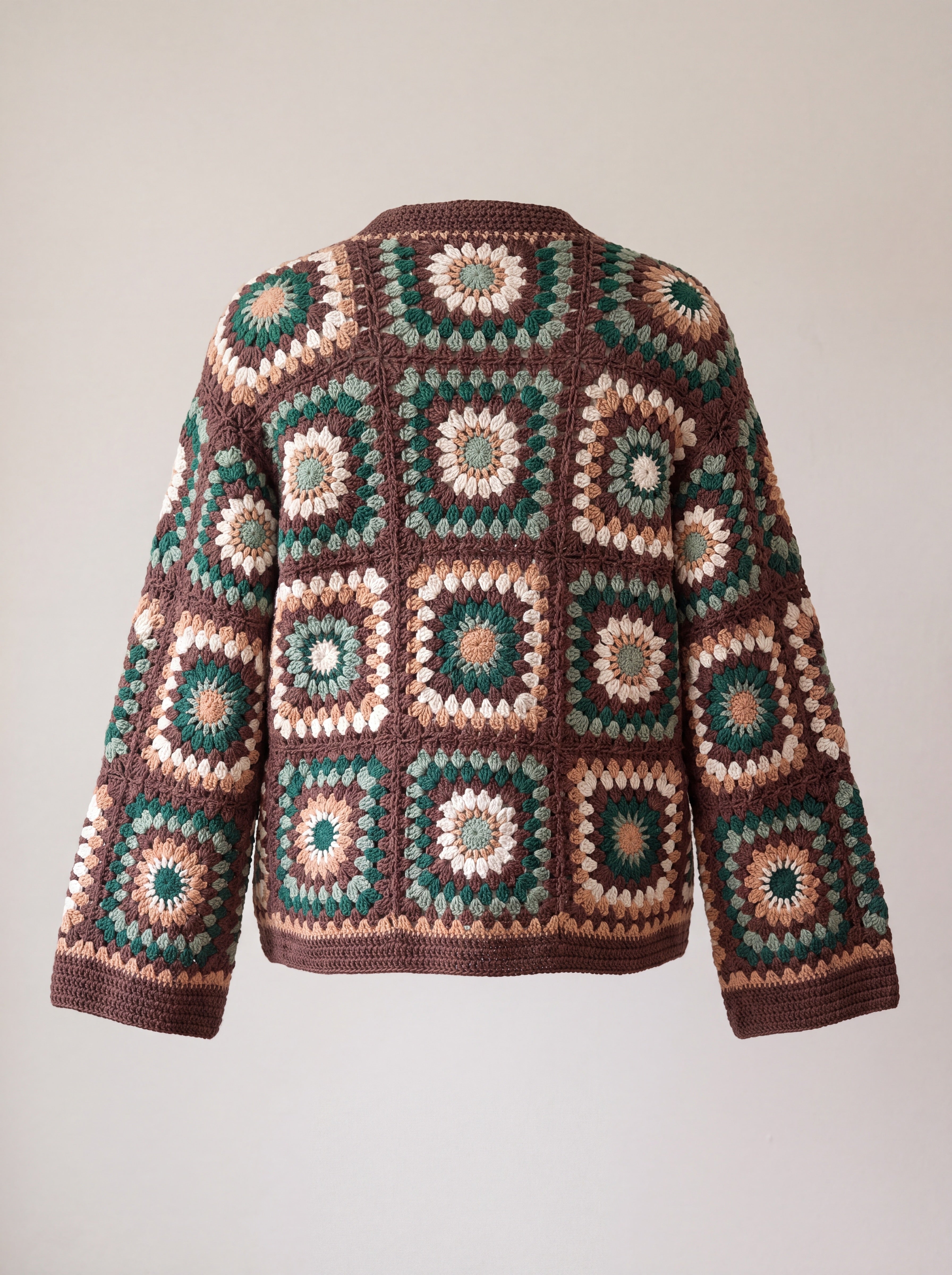 Mosaic Cardigan – Brown, back view, handmade crochet