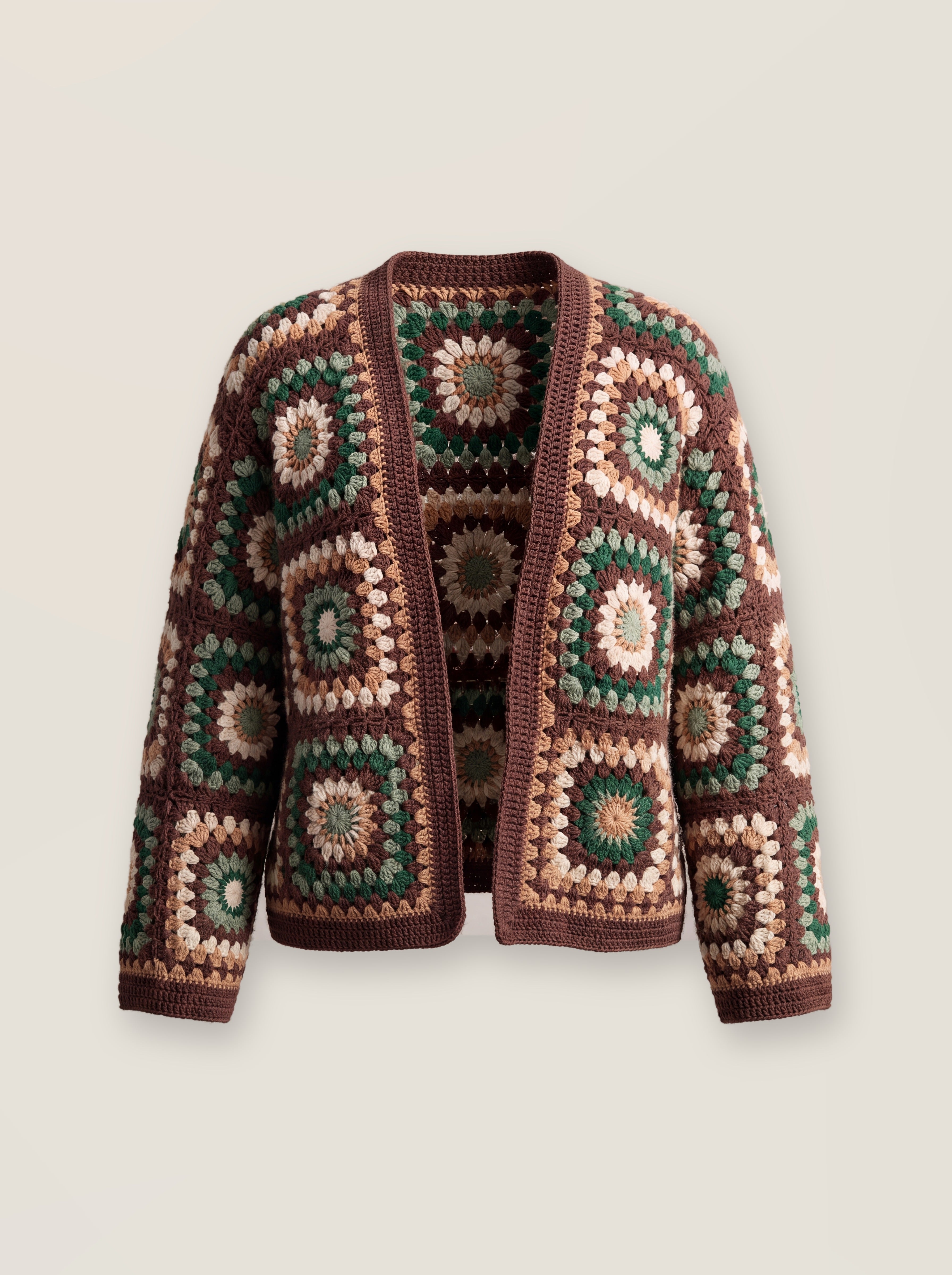 Mosaic Cardigan – Brown, front view, handmade crochet