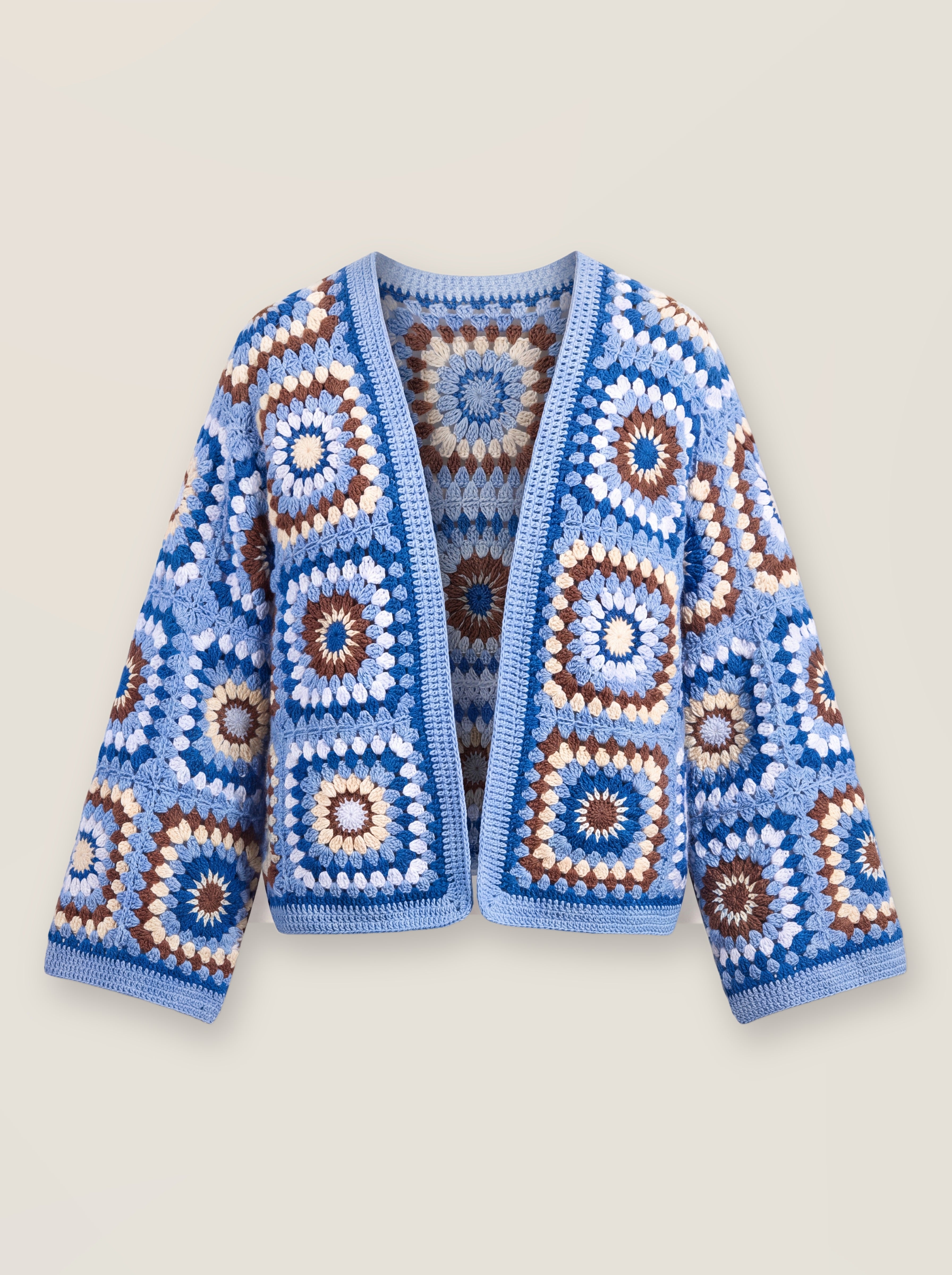 Mosaic Cardigan – Blue, front view, handmade crochet