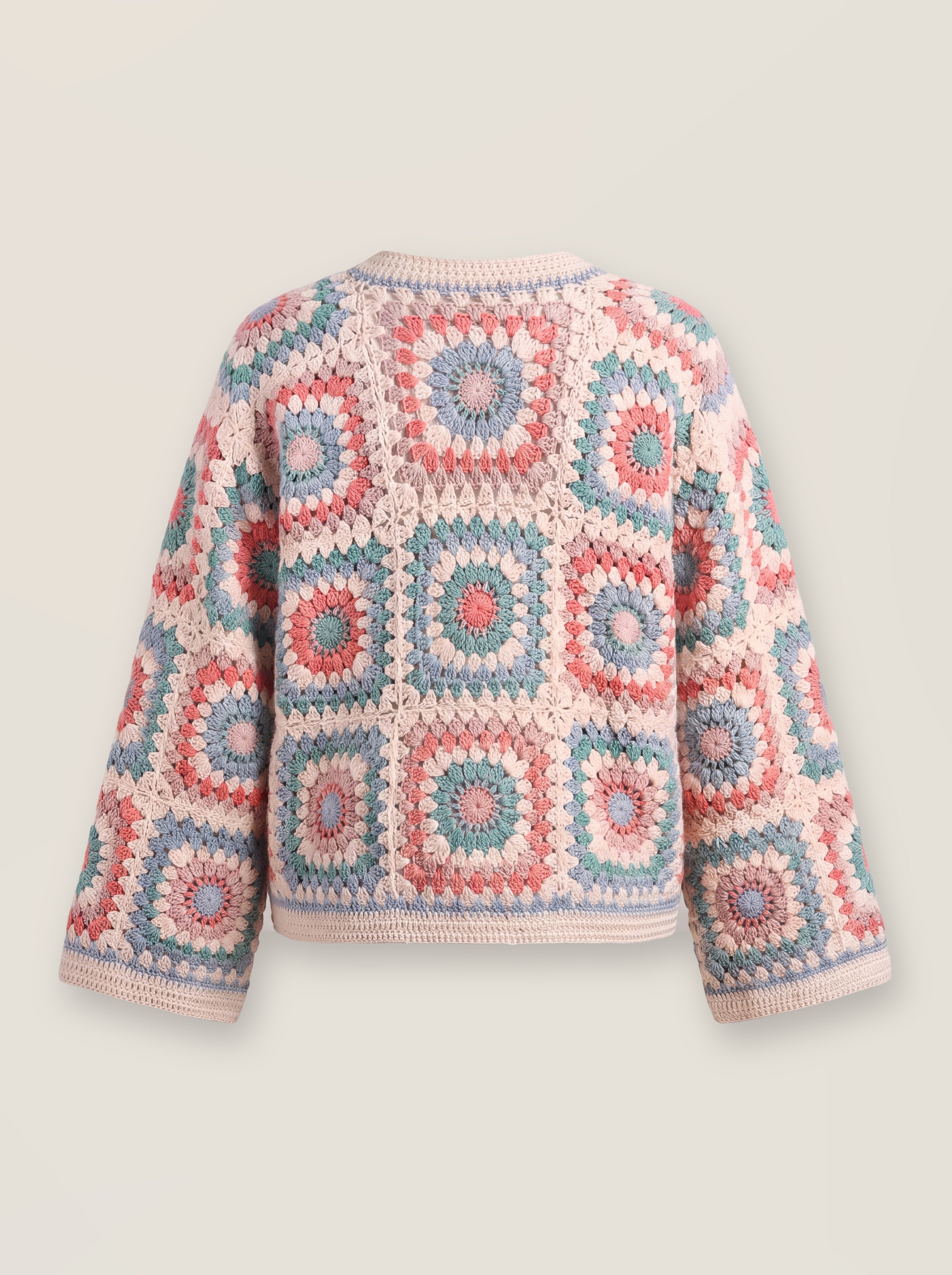 Mosaic Cardigan – Pastel, back view, handmade crochet