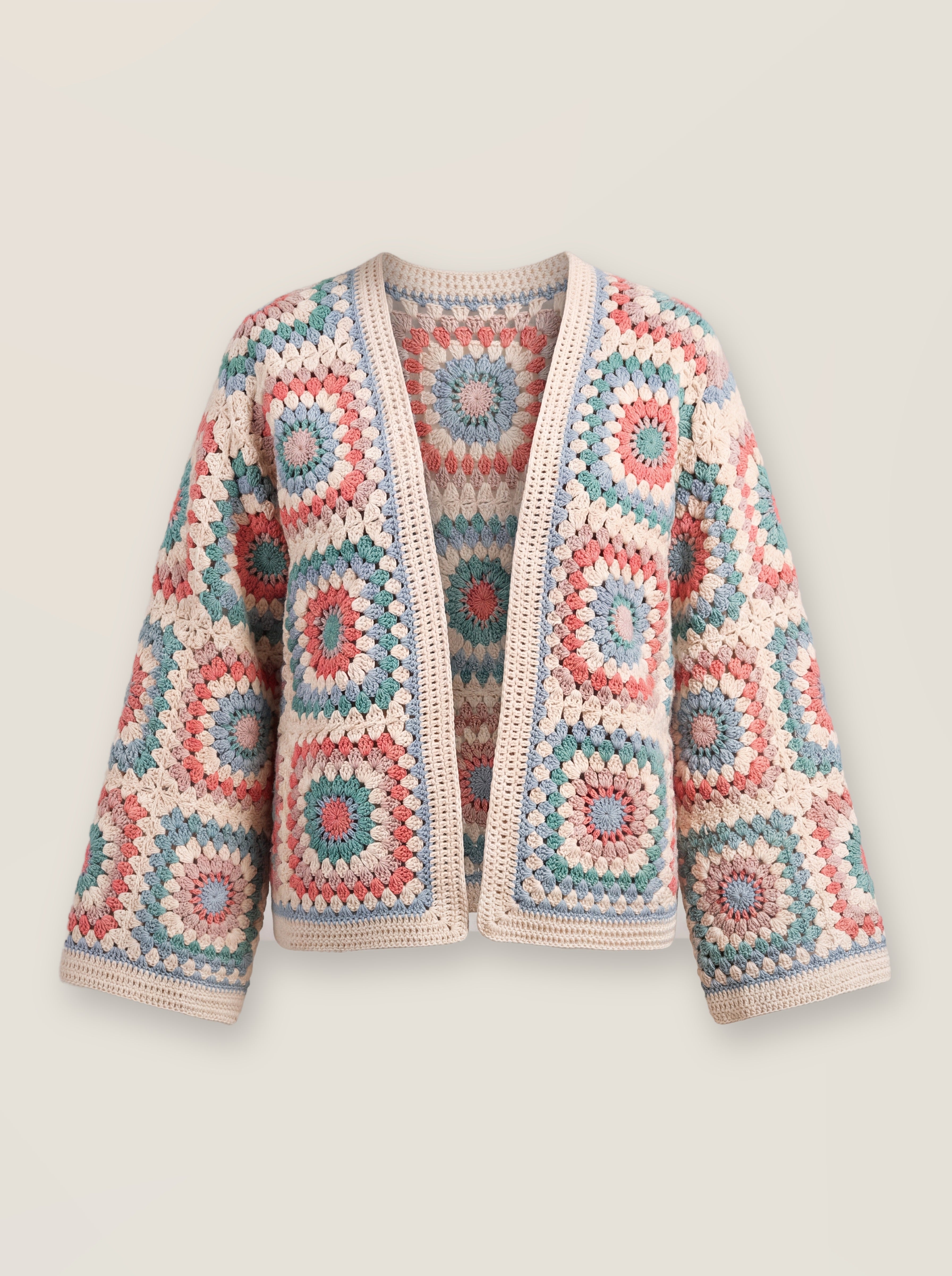 Mosaic Cardigan – Pastel, front view, handmade crochet
