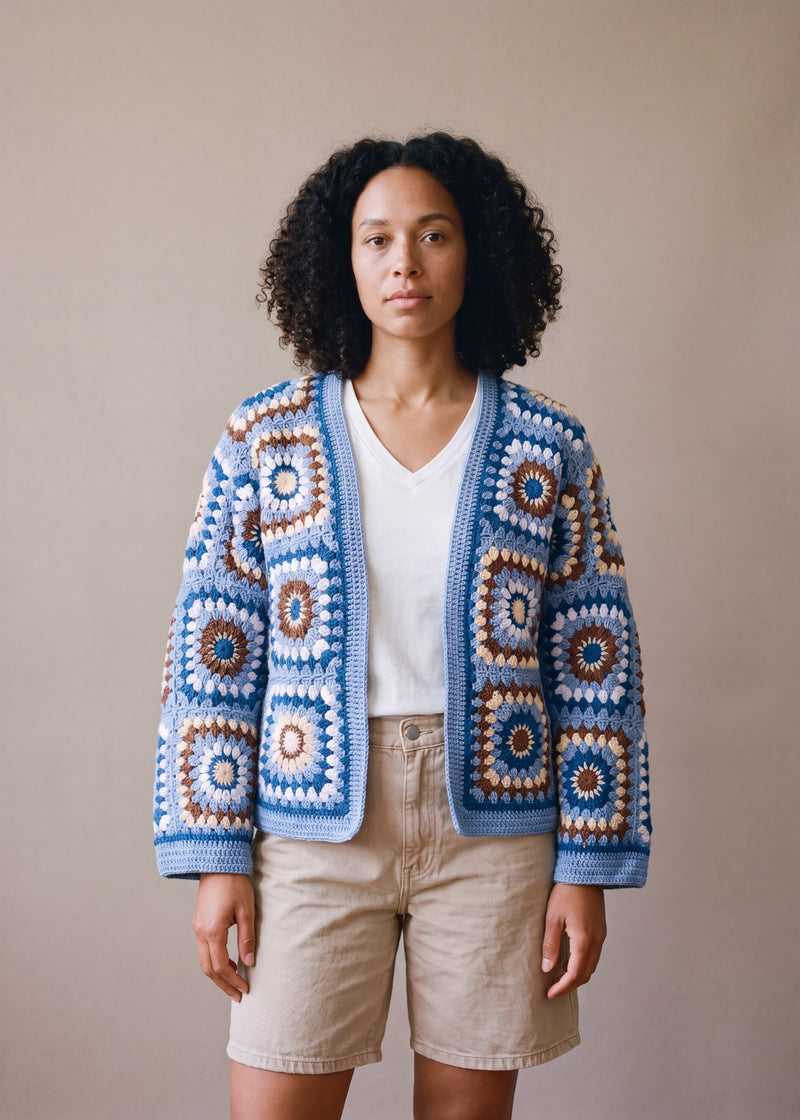 Boho Mosaic Blue - cornflower blue handmade crochet granny square cardigan worn open over a plain top by Ana Chic