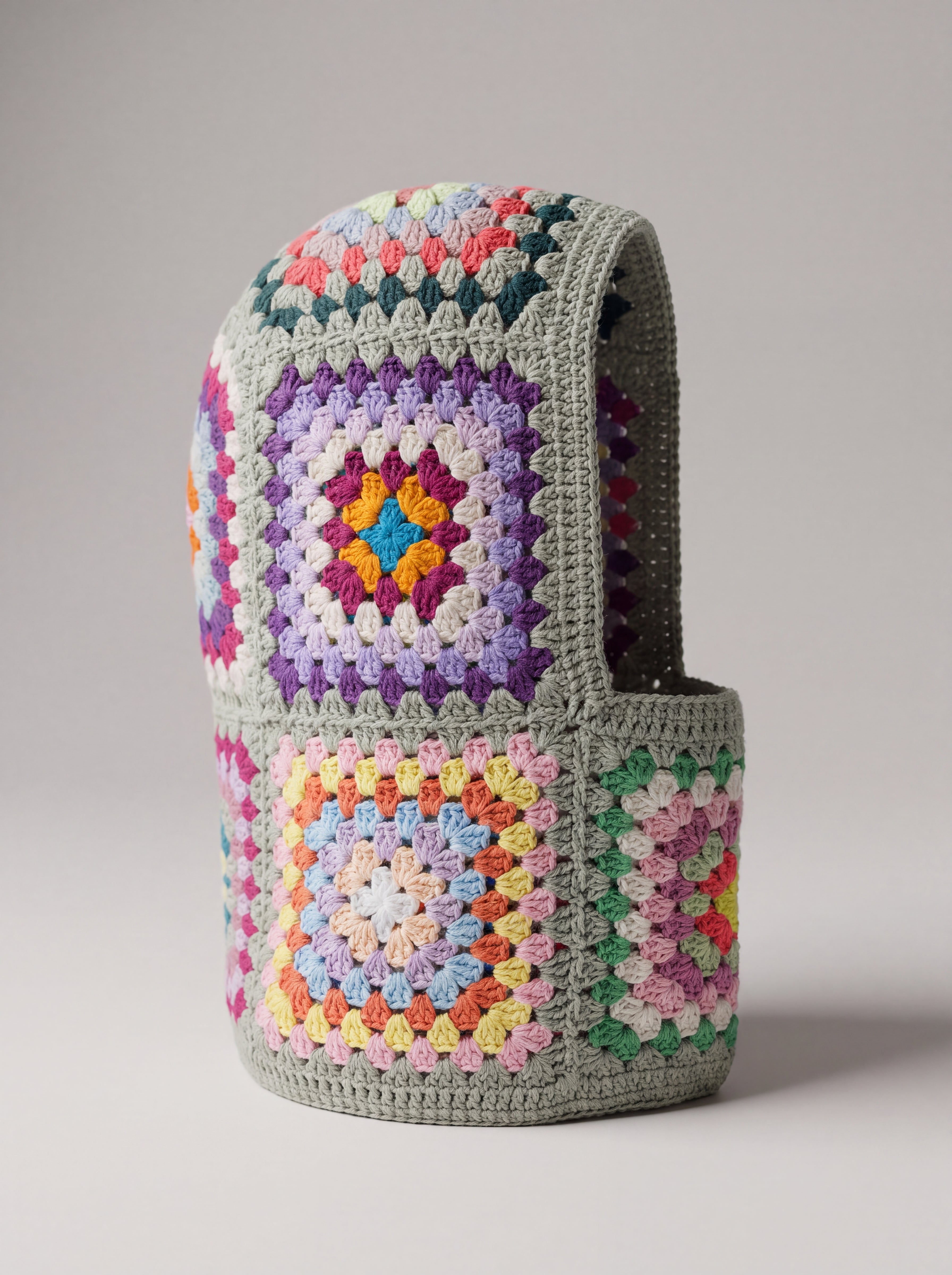 Sage multicolour granny square balaclava standing on its own, back view of the hood — handmade by Ana Chic