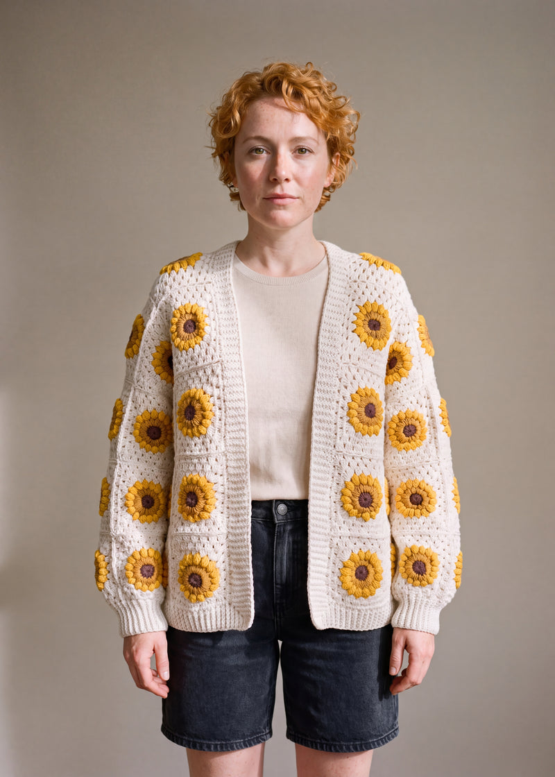 3D Sunflower White Cardigan - Cream/ivory crocheted granny square cardigan with raised crochet sunflowers, worn by Ana Chic