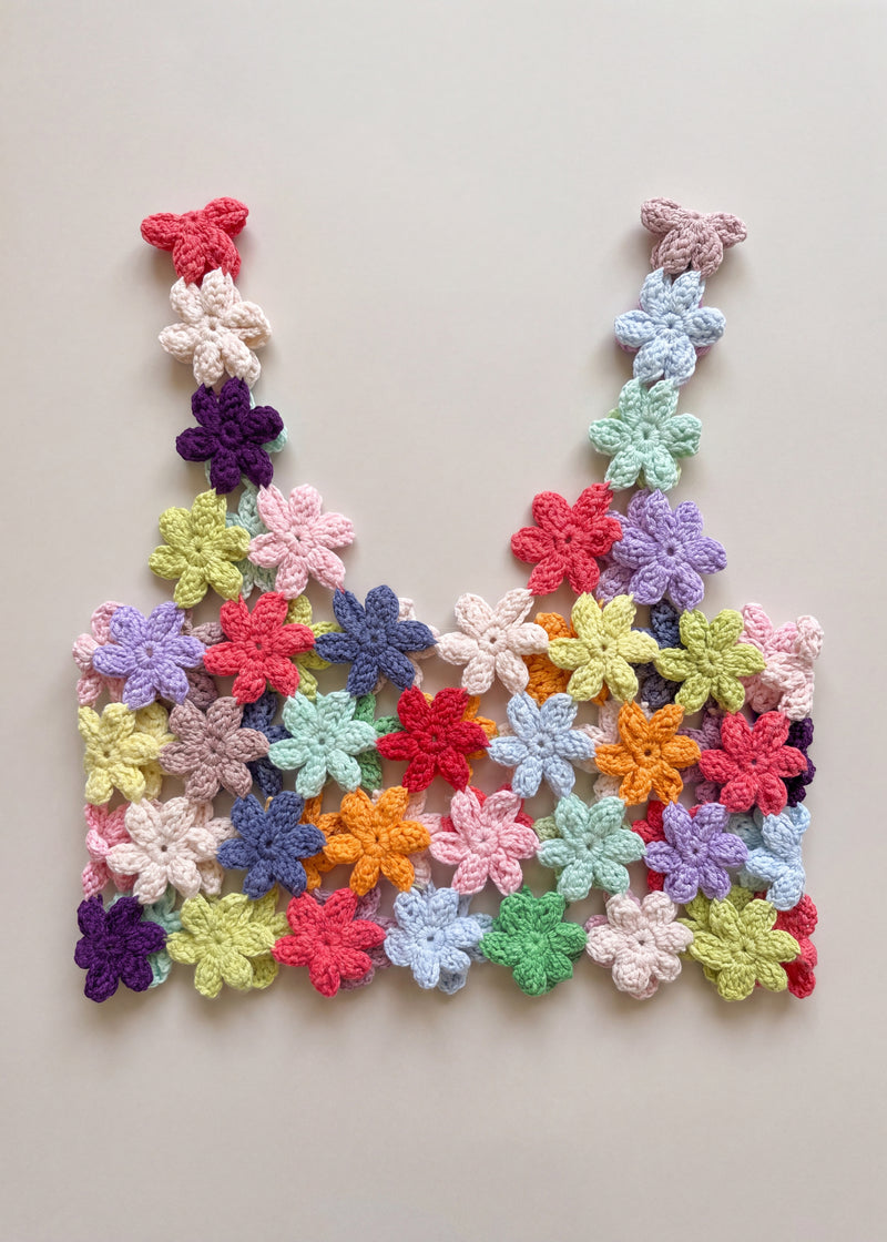 Handmade crochet flower crop top by Ana Chic, made only of joined crochet flowers