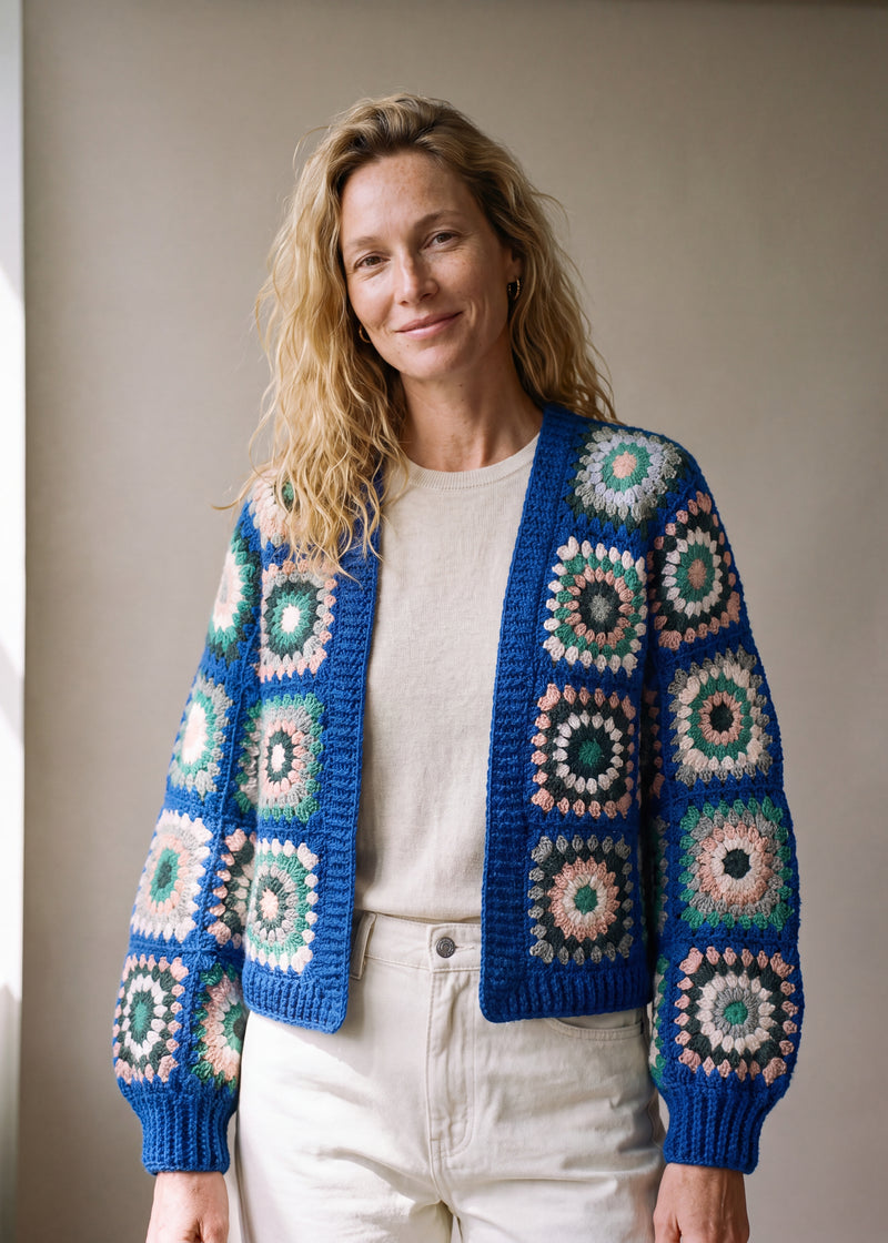 Ribbed Cuff Cardigan in cobalt and green worn open over a cream top, sleeves finished in ribbed cuffs - handmade by Ana Chic