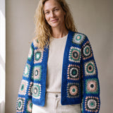 Ribbed Cuff Cardigan in cobalt and green worn open over a cream top, sleeves finished in ribbed cuffs - handmade by Ana Chic
