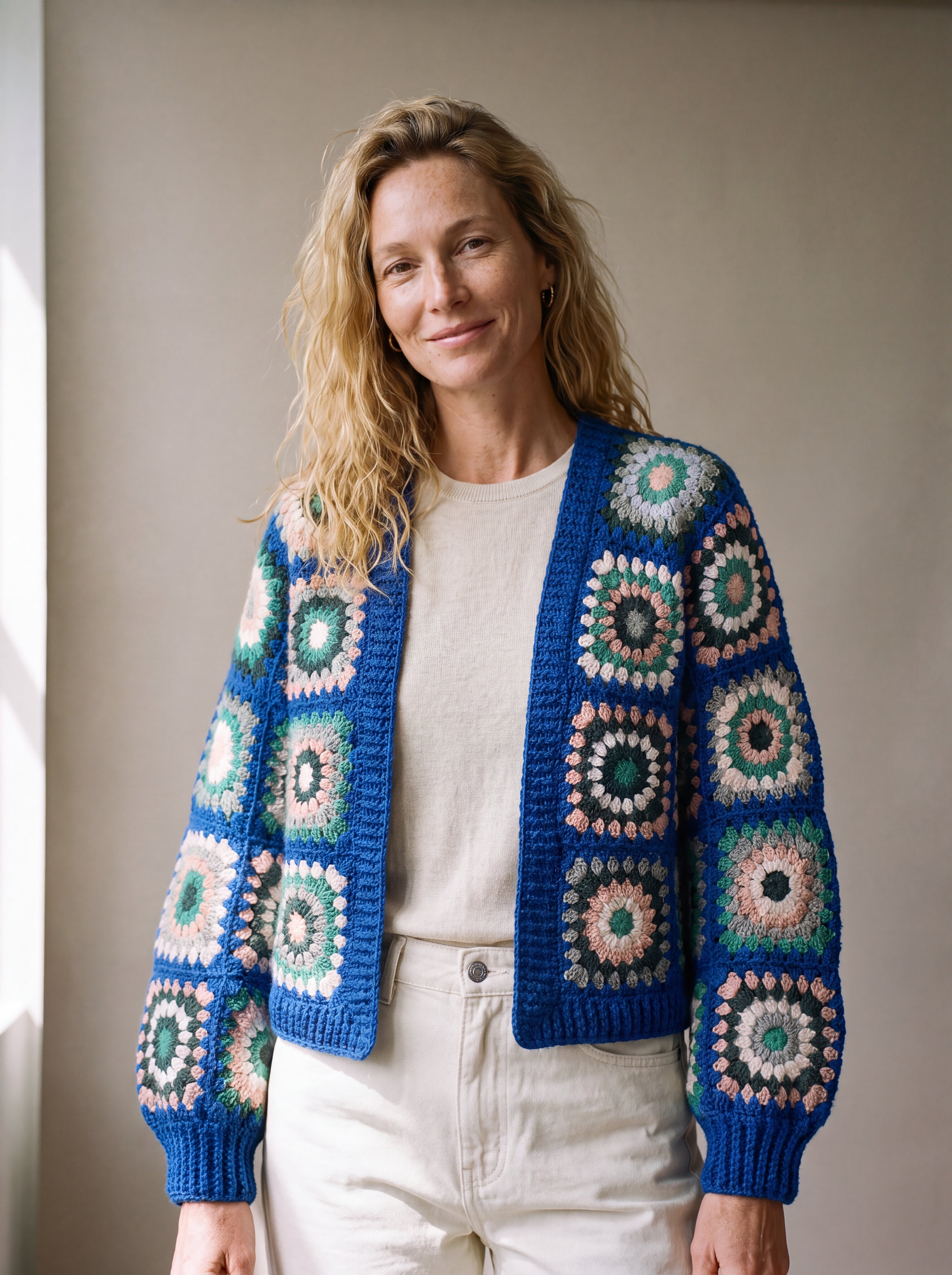 Ribbed Cuff Cardigan in cobalt and green worn open over a cream top, sleeves finished in ribbed cuffs - handmade by Ana Chic