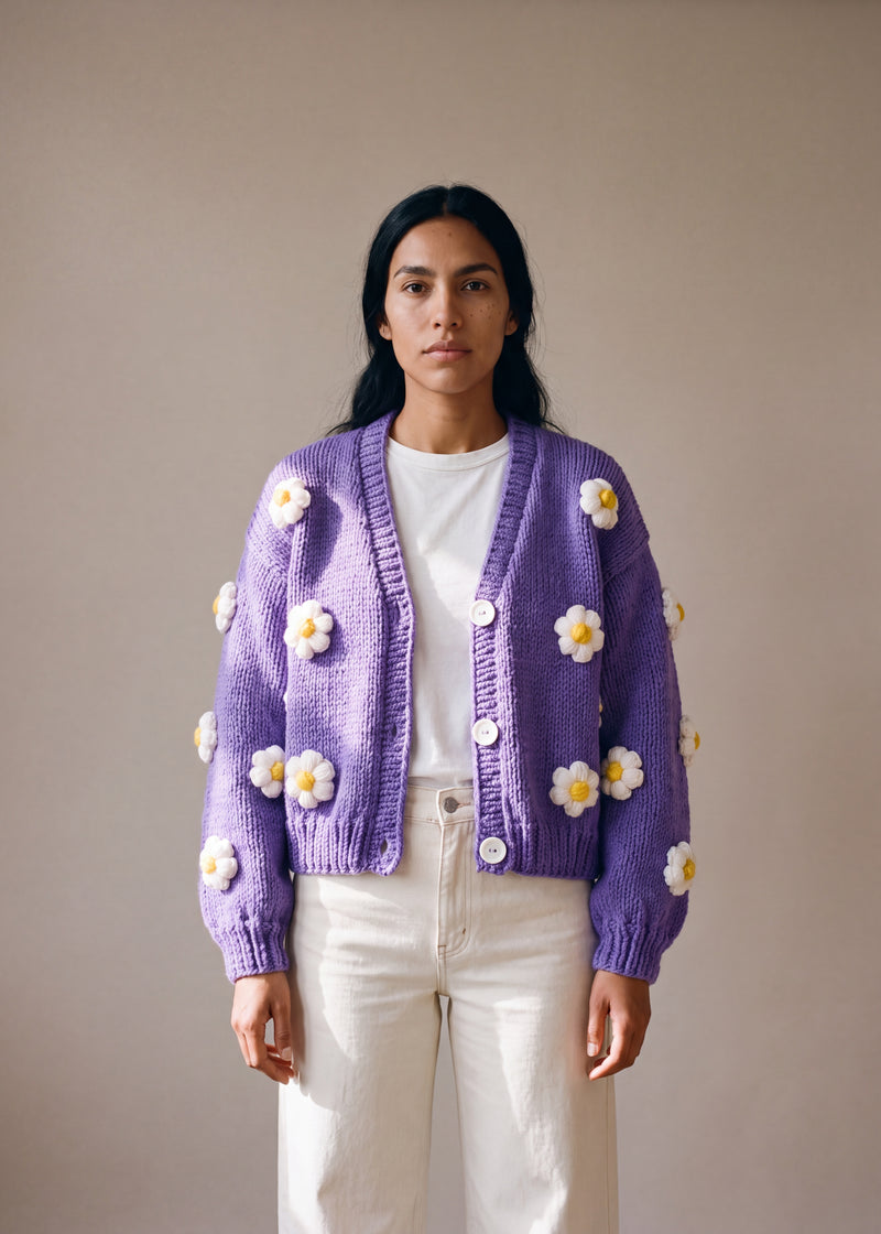 Wisteria - soft wisteria lilac chunky hand-knitted wool cardigan with crocheted motifs, worn open over a plain top by Ana Chic