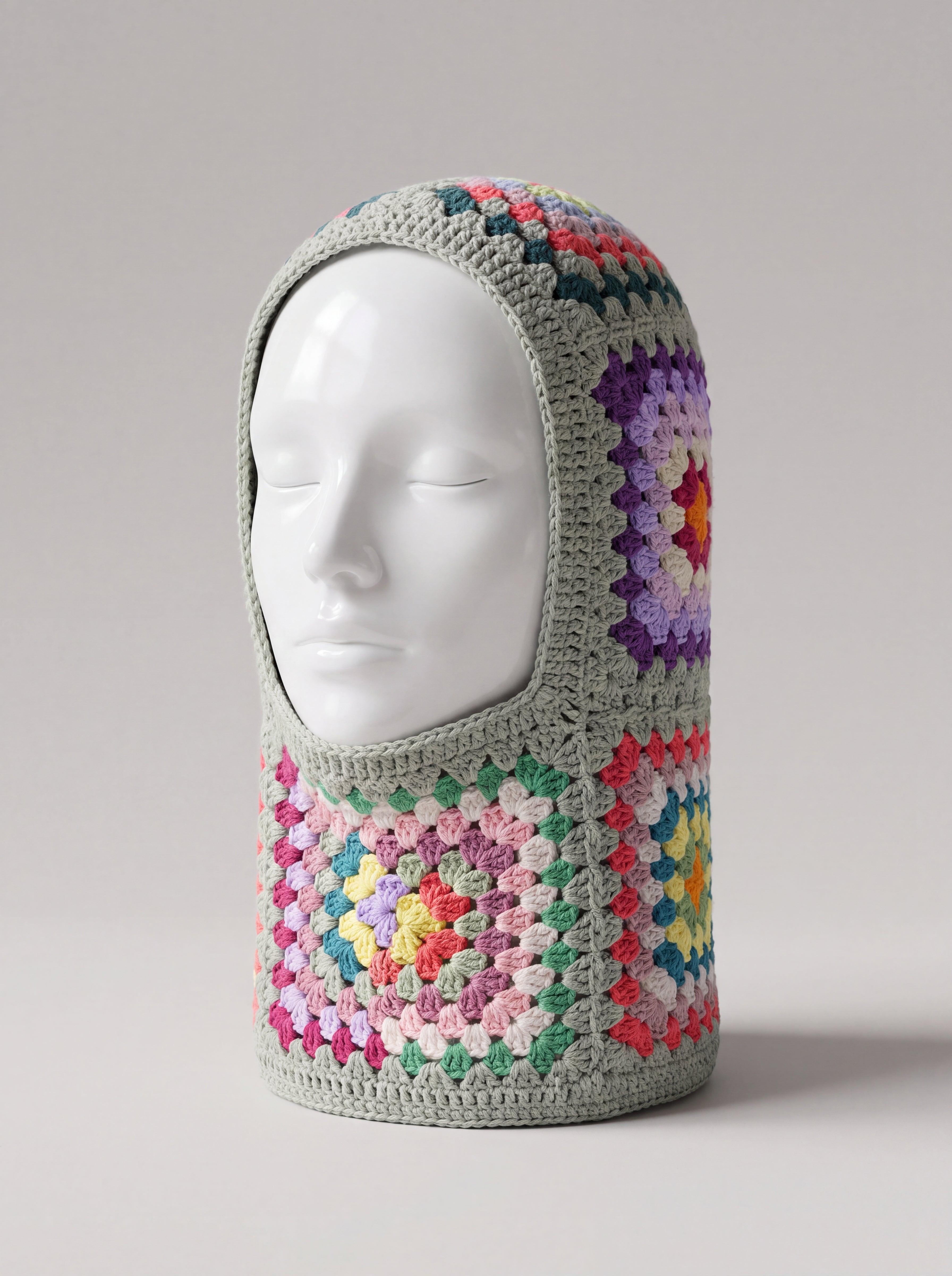 Sage multicolour granny square balaclava on a display head, open face and deep neck section — handmade by Ana Chic