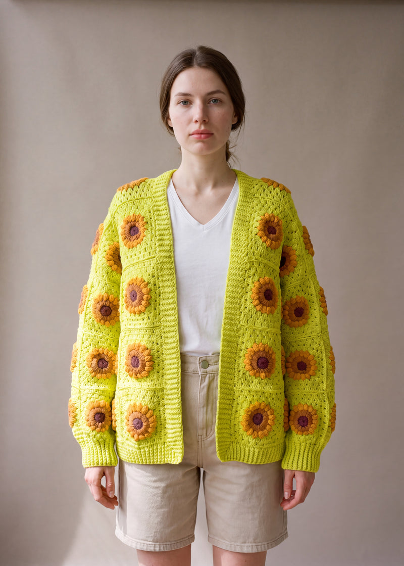 3D Sunflower Neon Green Cardigan - Neon lime-green crocheted granny square cardigan with raised crochet sunflowers, worn by Ana Chic