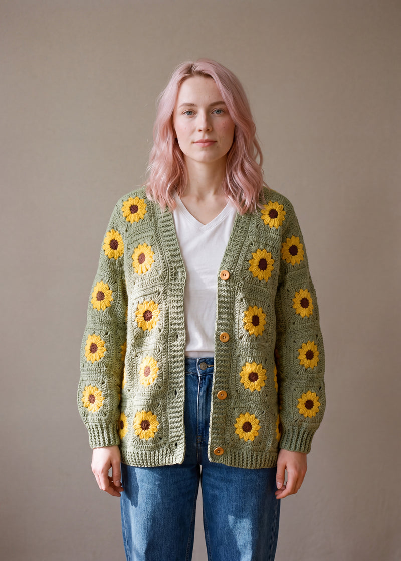 Helios - Sage/olive squares in a regular grid crocheted granny square cardigan with raised crochet sunflowers, worn by Ana Chic