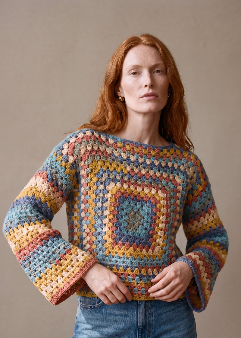 Coastal Chunky Wool Jumper worn by a model, showing the wide sleeves and relaxed fit — handmade by Ana Chic