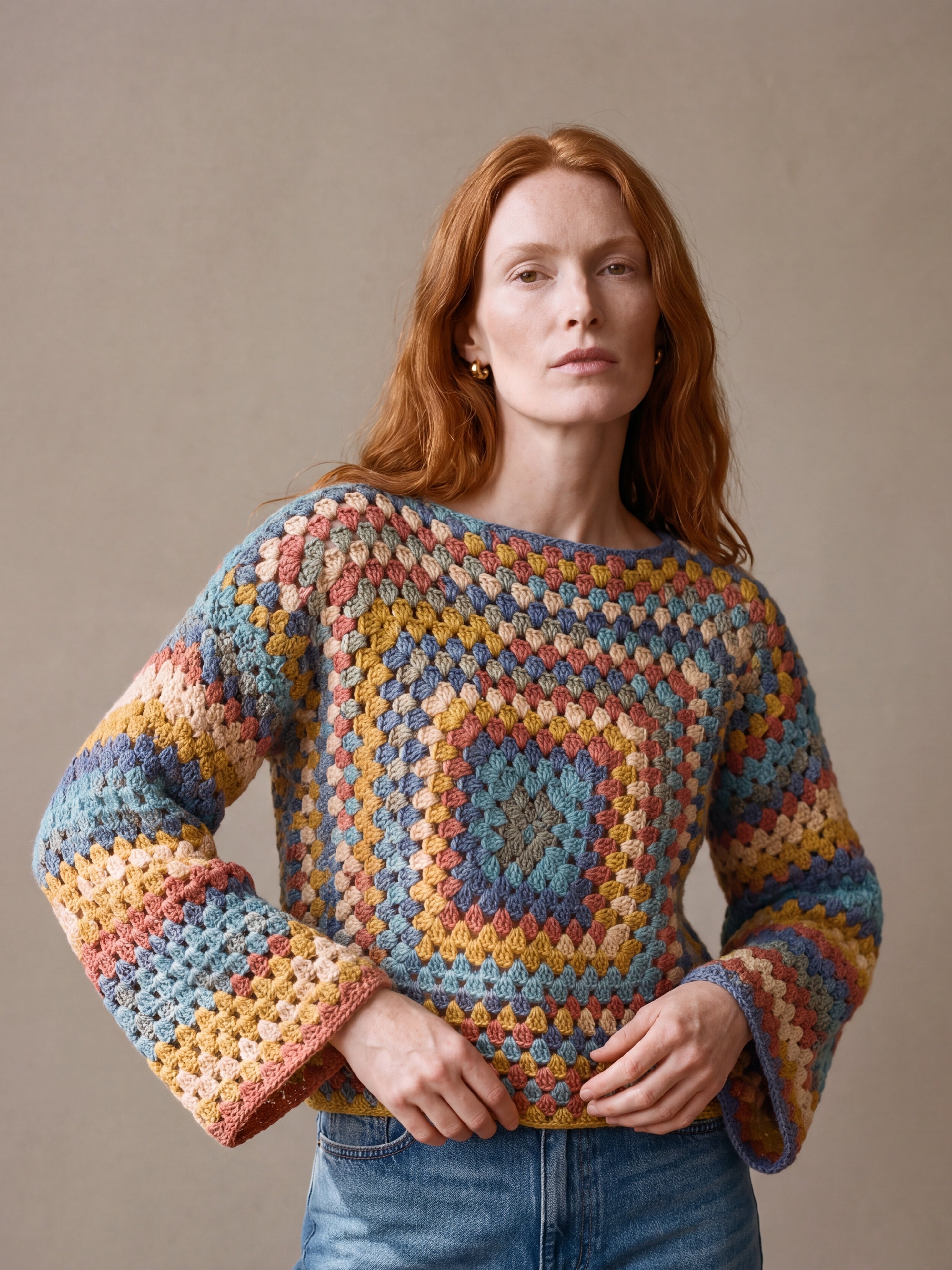 Coastal Chunky Wool Jumper worn by a model, showing the wide sleeves and relaxed fit — handmade by Ana Chic
