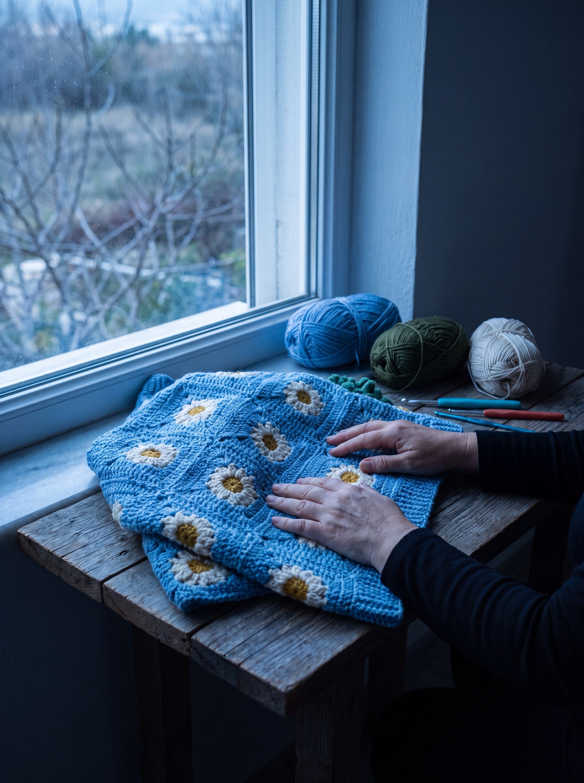 A daisy cardigan in progress on a table by the window at dawn