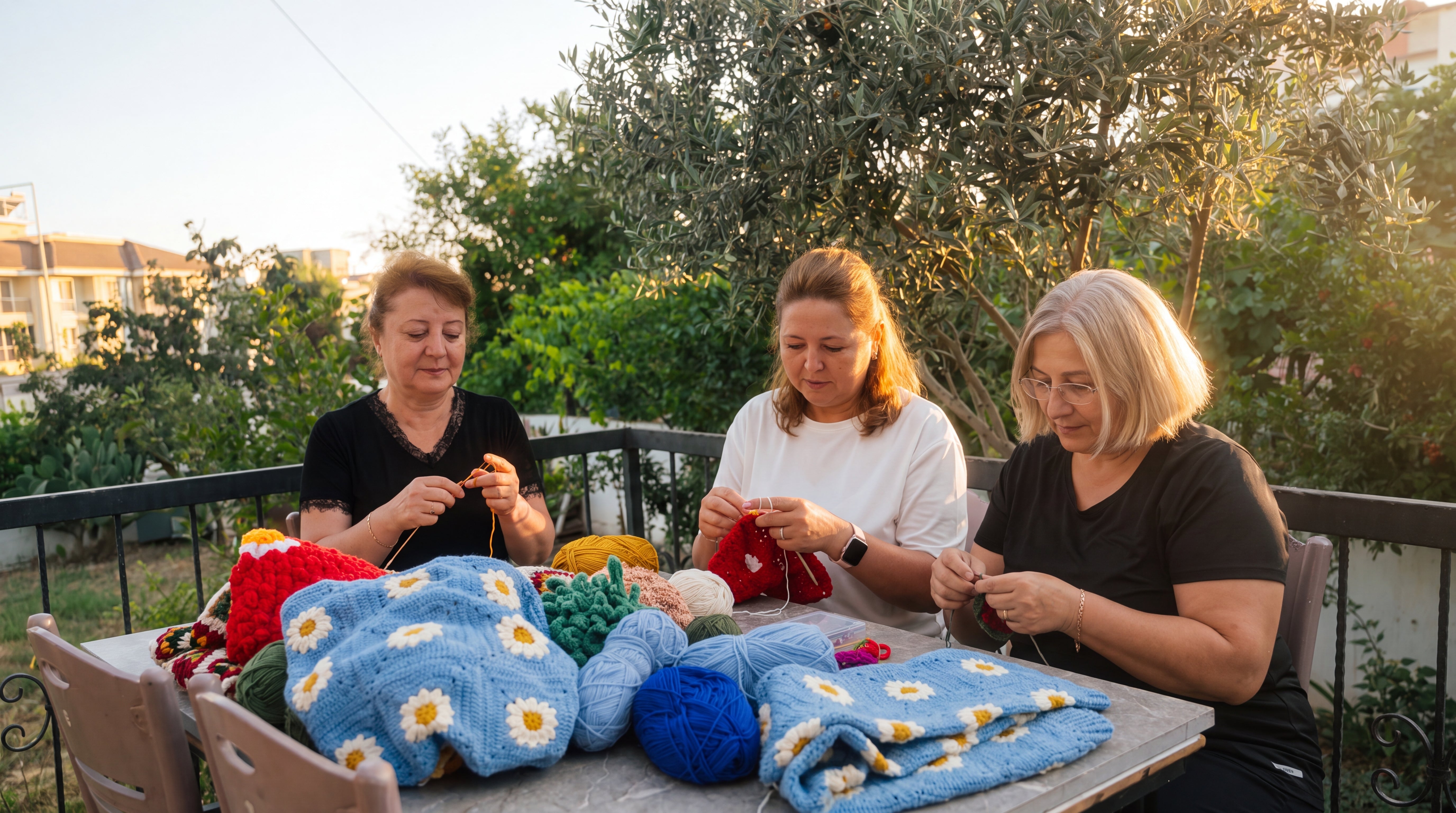 Three women crocheting together at a terrace table in golden evening light, Anatolia