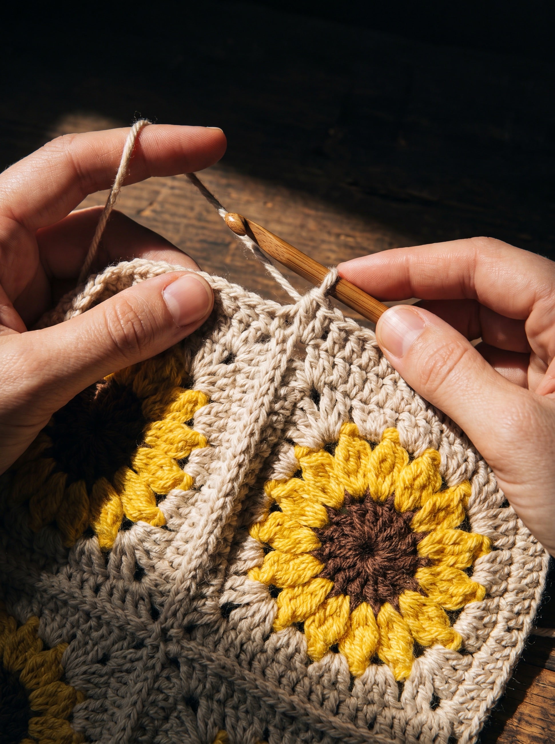 Hands joining sunflower granny squares with a wooden crochet hook