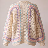 Back of an ecru hexagon crochet cardigan, two granny hexagons meeting at the centre back - handmade by Ana Chic